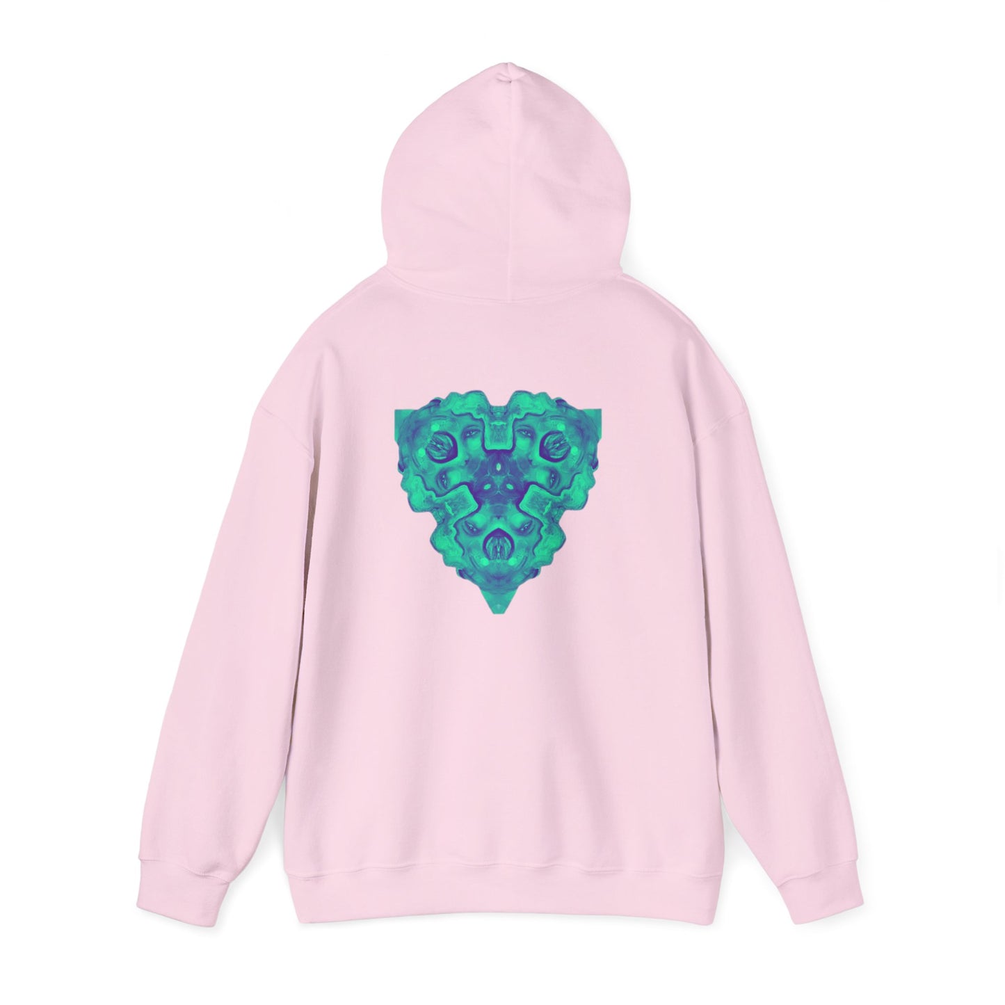 AMRU Minimal Logo Hoodie — Geometric Teal Mandala Back Graphic