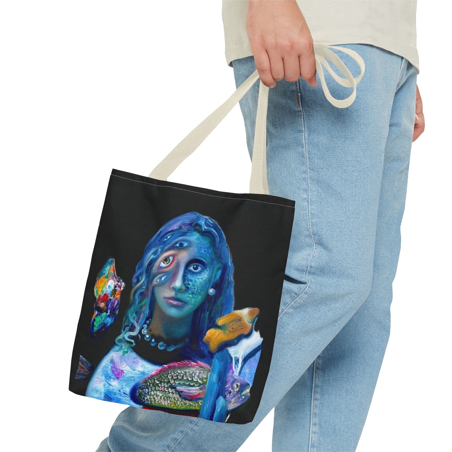 Psychedelic Mermaid Tote Bag – Surreal Three-Eyed Ocean Portrait All-Over Print