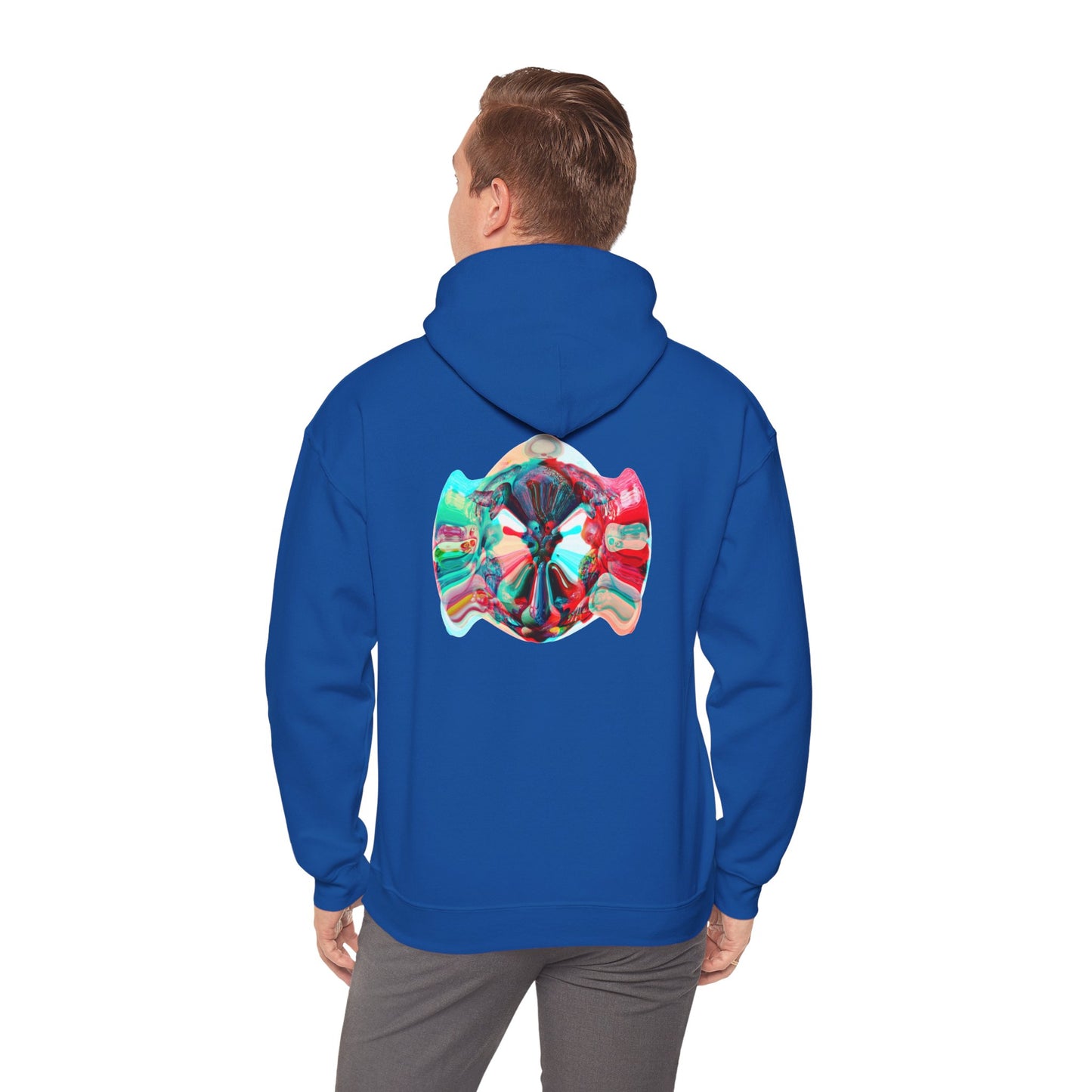 Hoodie — AMRU Minimal Front Logo & Colorful Abstract Back Art