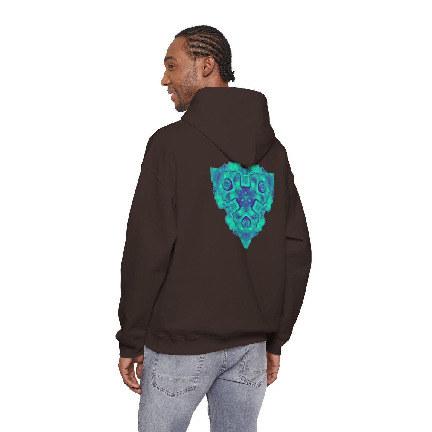 AMRU Minimal Logo Hoodie — Geometric Teal Mandala Back Graphic