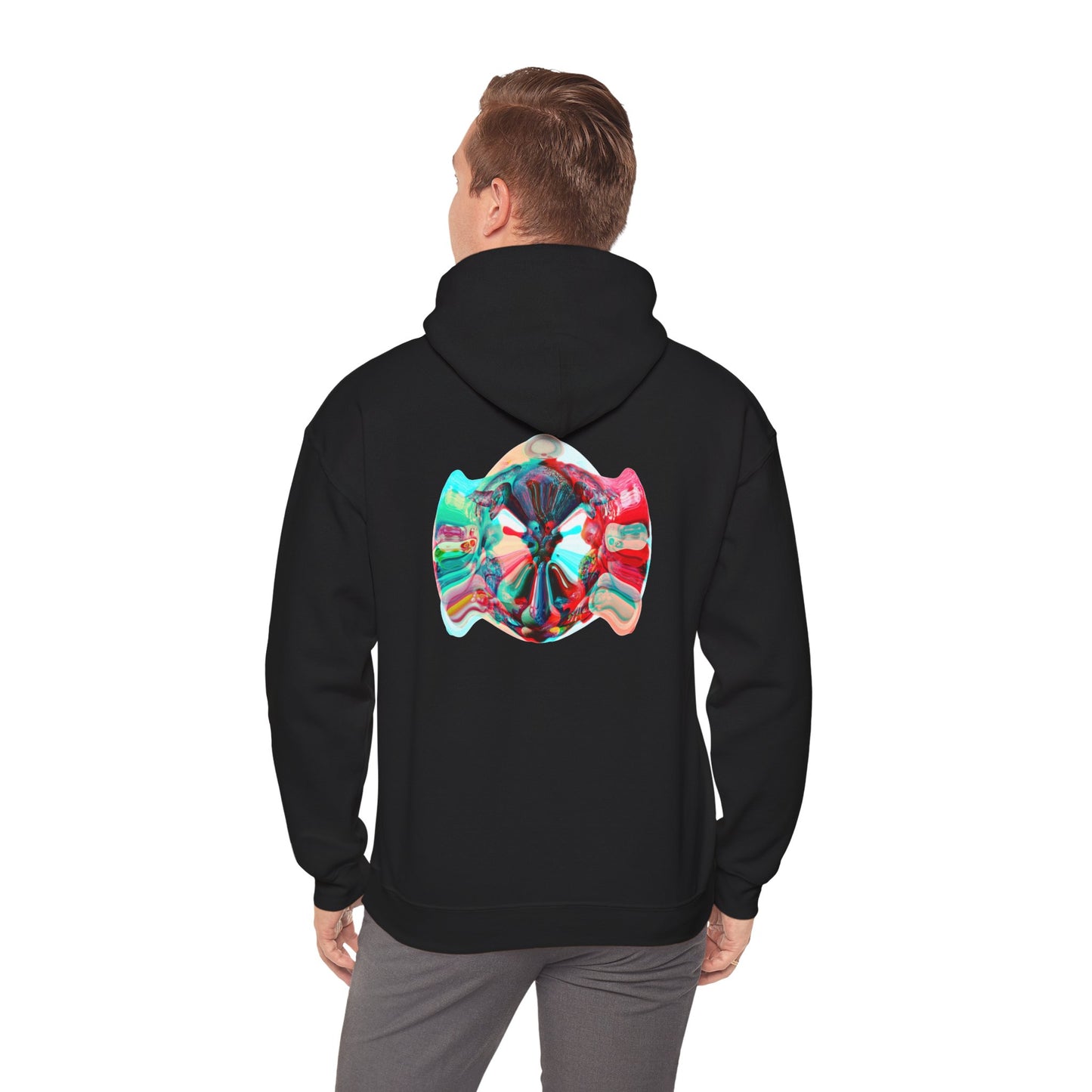 Hoodie — AMRU Minimal Front Logo & Colorful Abstract Back Art