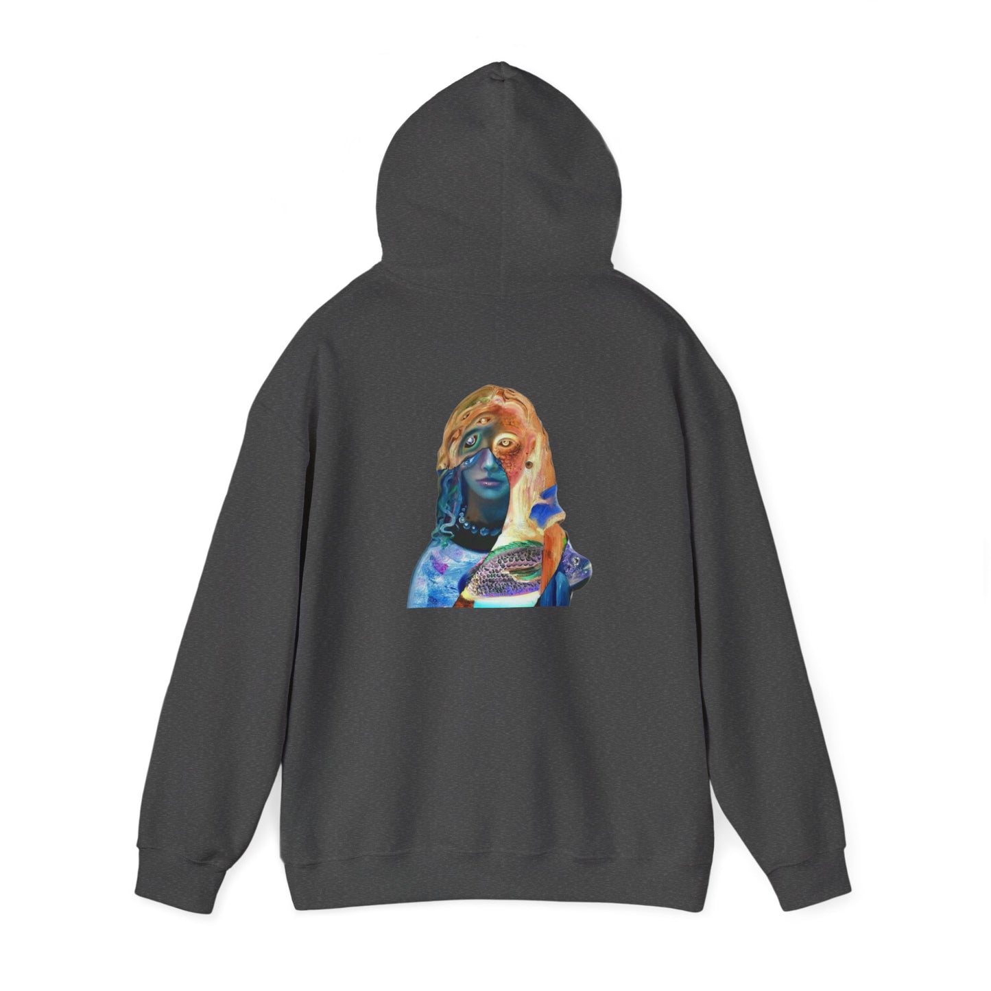 Surreal Portrait Hoodie — 'AMRU' Minimal Front, Colorful Cosmic Back Art