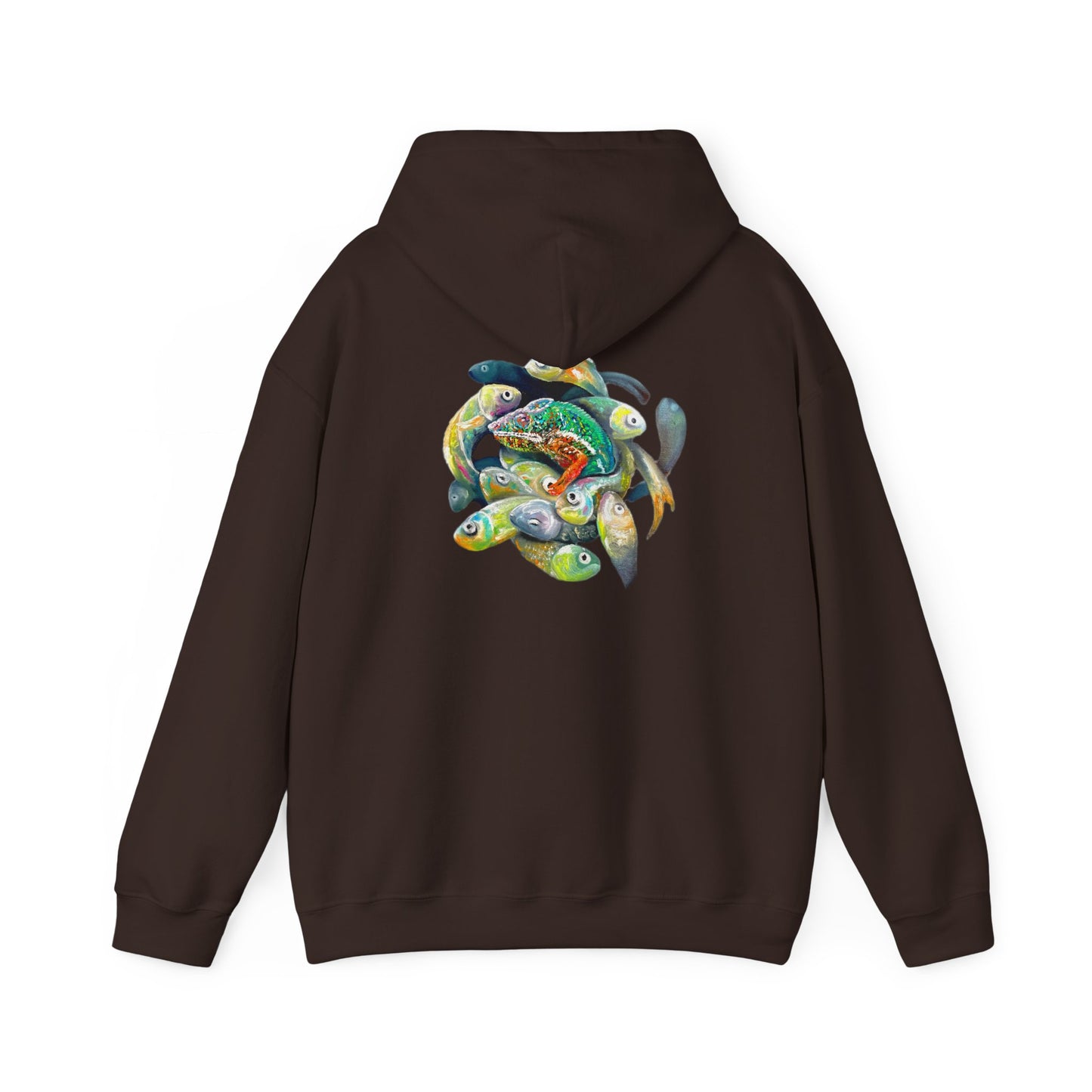 Fish Ring Hoodie – AMRU Minimal Front Logo Pullover with Colorful Koi Back Art