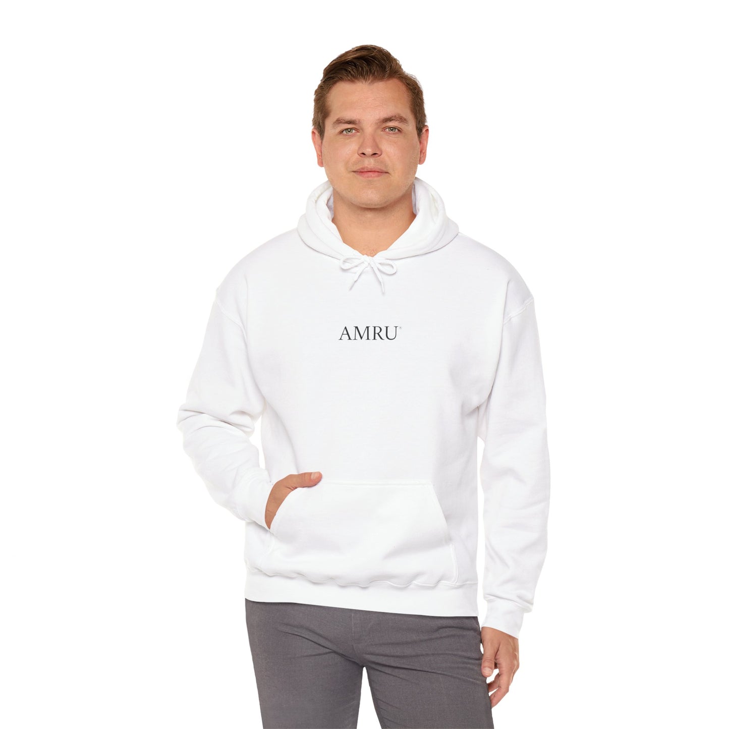 AMRU Minimal Logo Hoodie — Geometric Teal Mandala Back Graphic