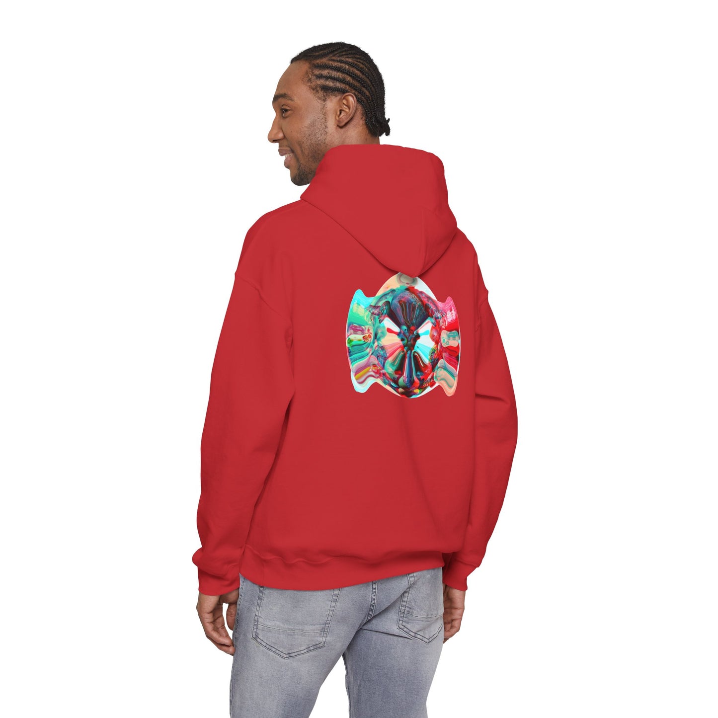 Hoodie — AMRU Minimal Front Logo & Colorful Abstract Back Art