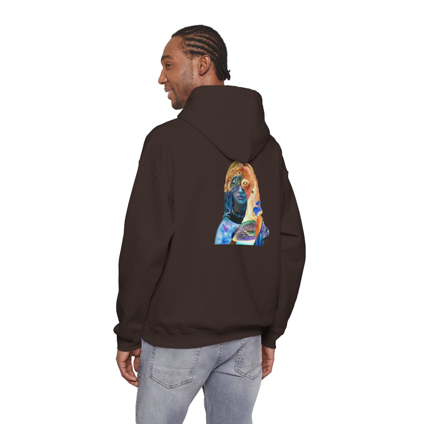 Surreal Portrait Hoodie — 'AMRU' Minimal Front, Colorful Cosmic Back Art