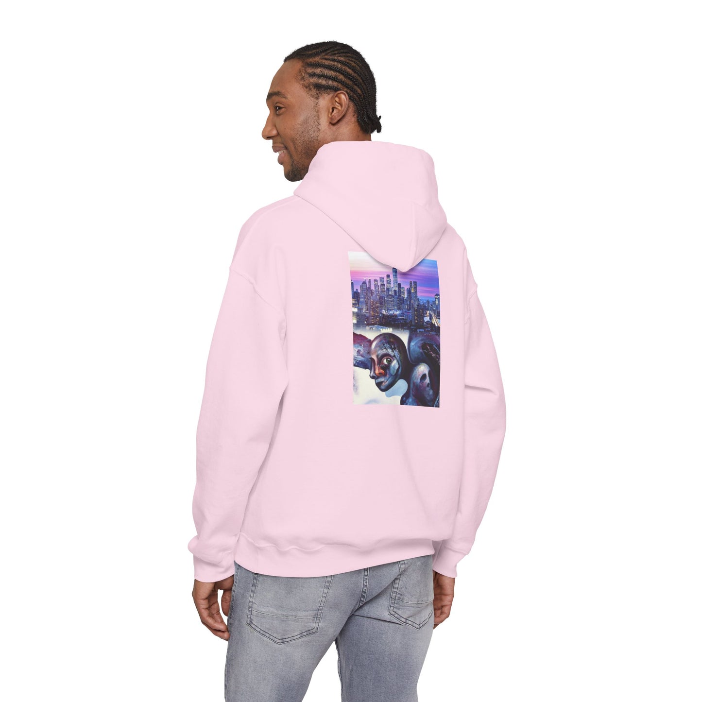 AMRU Minimal Front Logo Hoodie with Surreal Cityscape Back Graphic