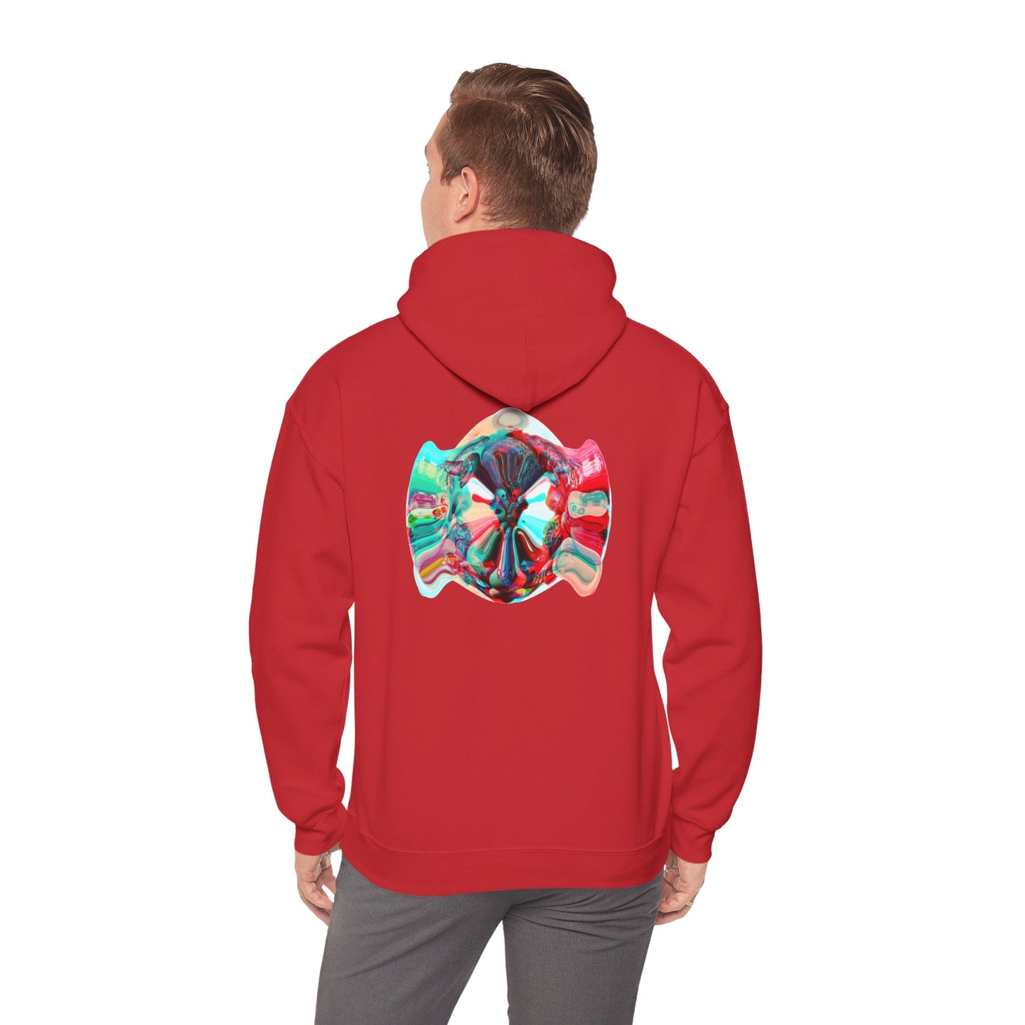 Hoodie — AMRU Minimal Front Logo & Colorful Abstract Back Art