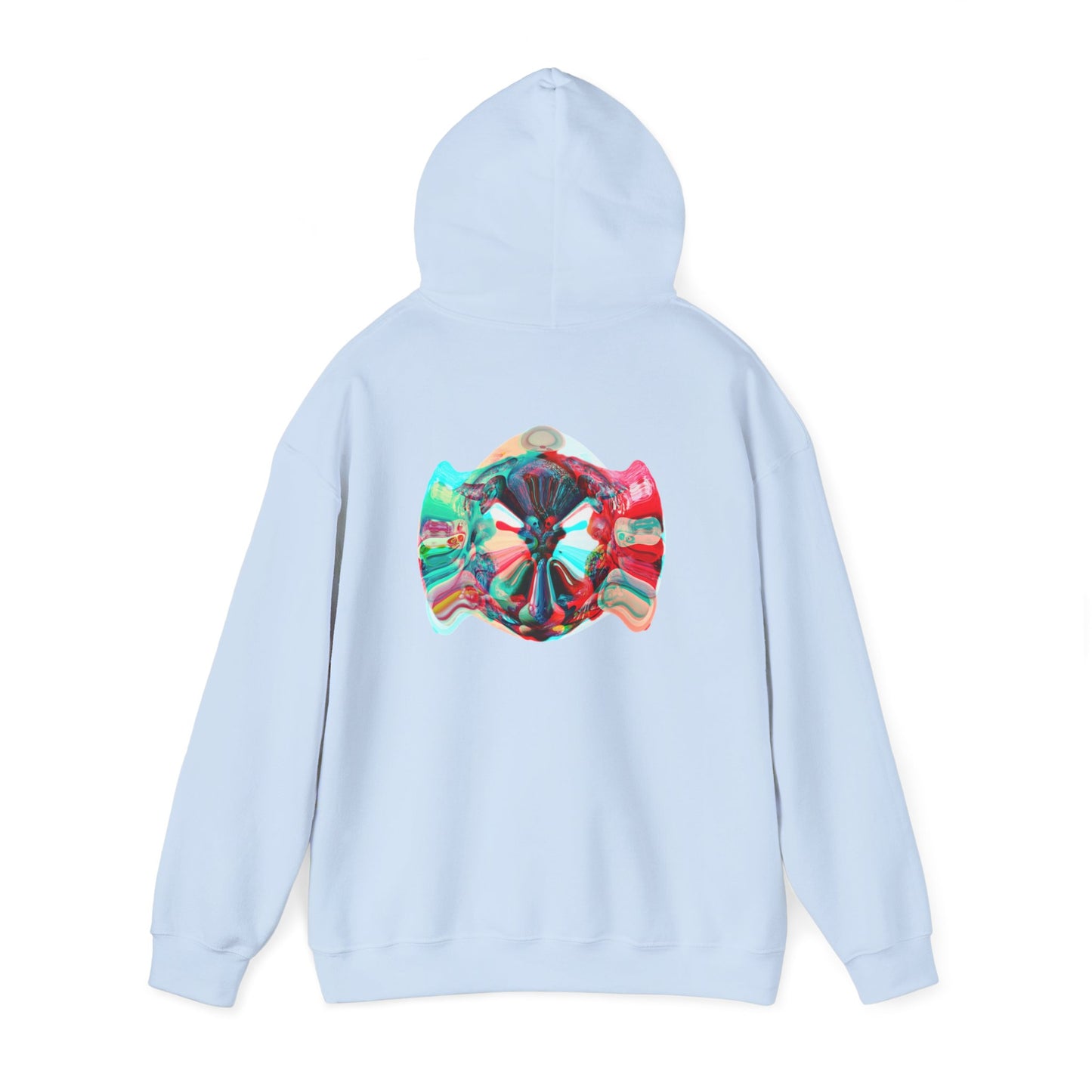 Hoodie — AMRU Minimal Front Logo & Colorful Abstract Back Art