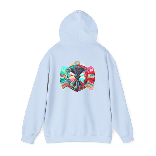 Hoodie — AMRU Minimal Front Logo & Colorful Abstract Back Art