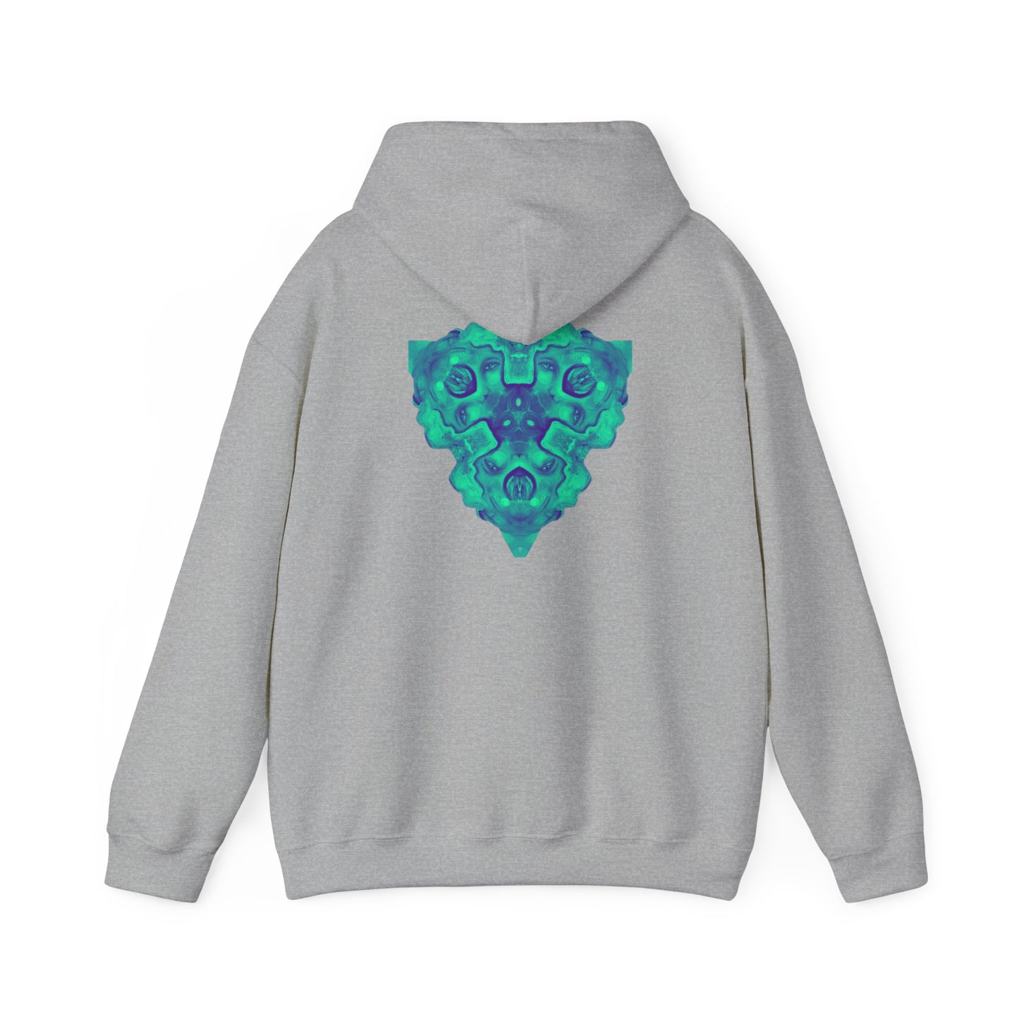 AMRU Minimal Logo Hoodie — Geometric Teal Mandala Back Graphic