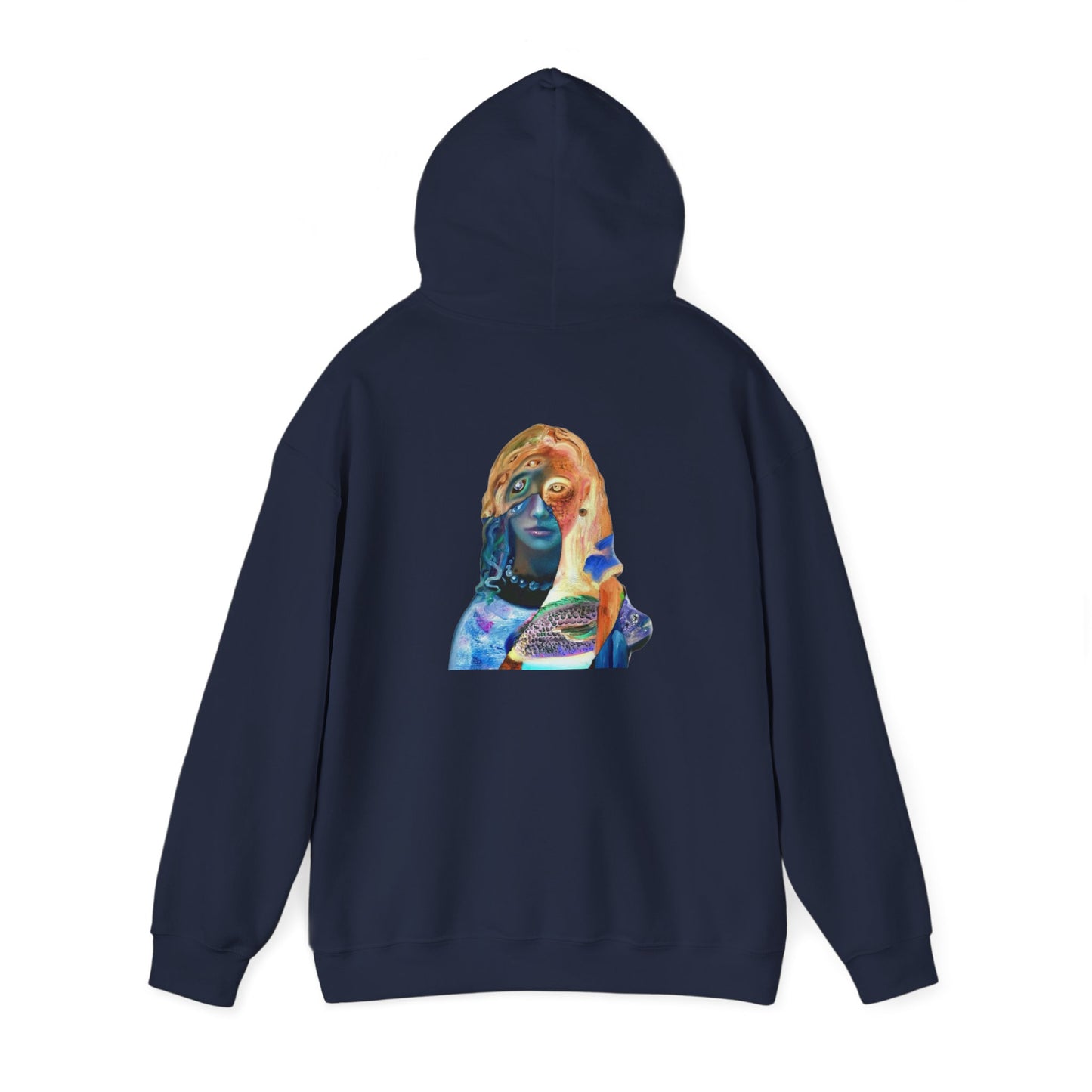 Surreal Portrait Hoodie — 'AMRU' Minimal Front, Colorful Cosmic Back Art