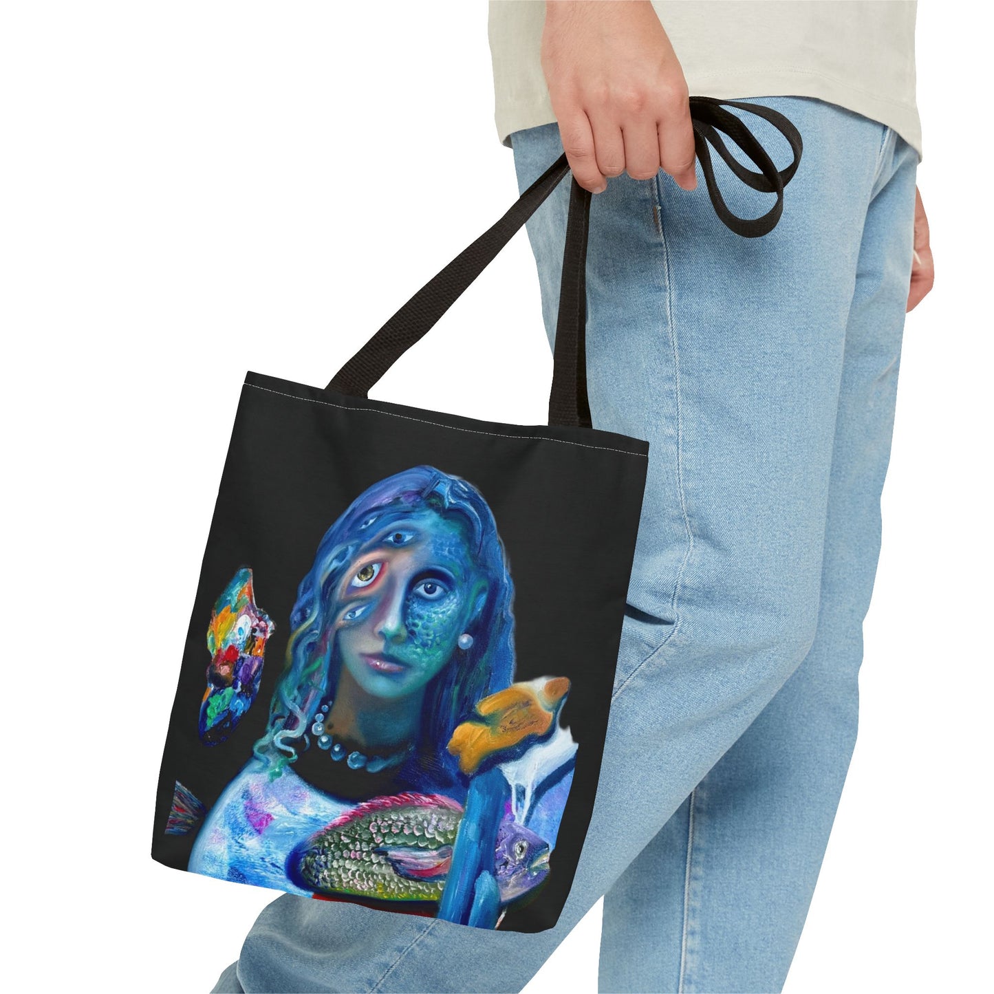 Psychedelic Mermaid Tote Bag – Surreal Three-Eyed Ocean Portrait All-Over Print
