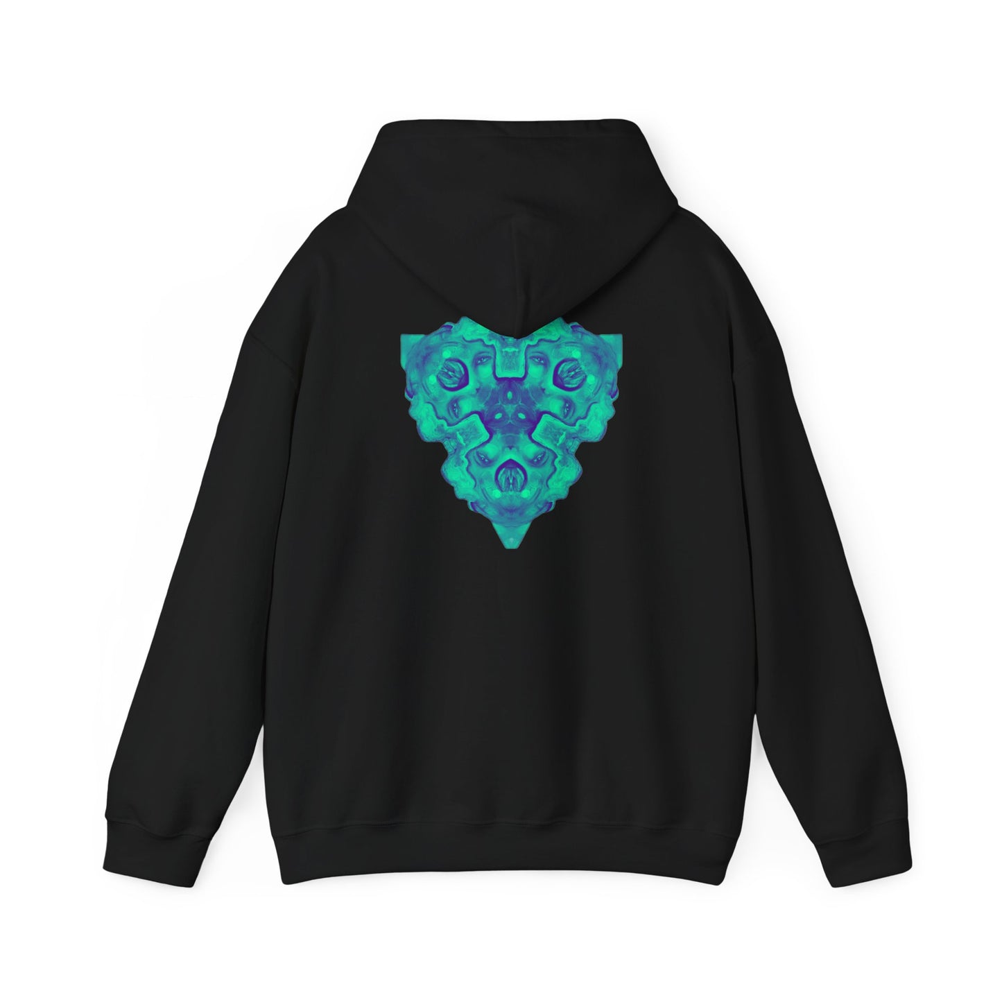 AMRU Minimal Logo Hoodie — Geometric Teal Mandala Back Graphic