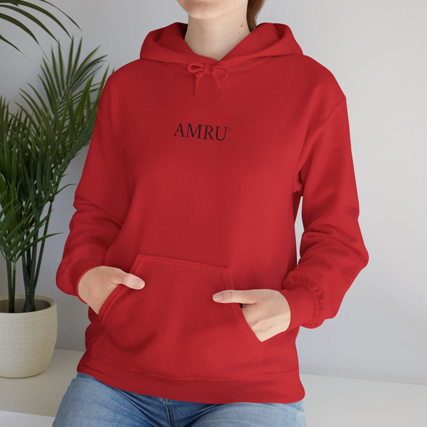 AMRU Minimal Logo Hoodie — Geometric Teal Mandala Back Graphic