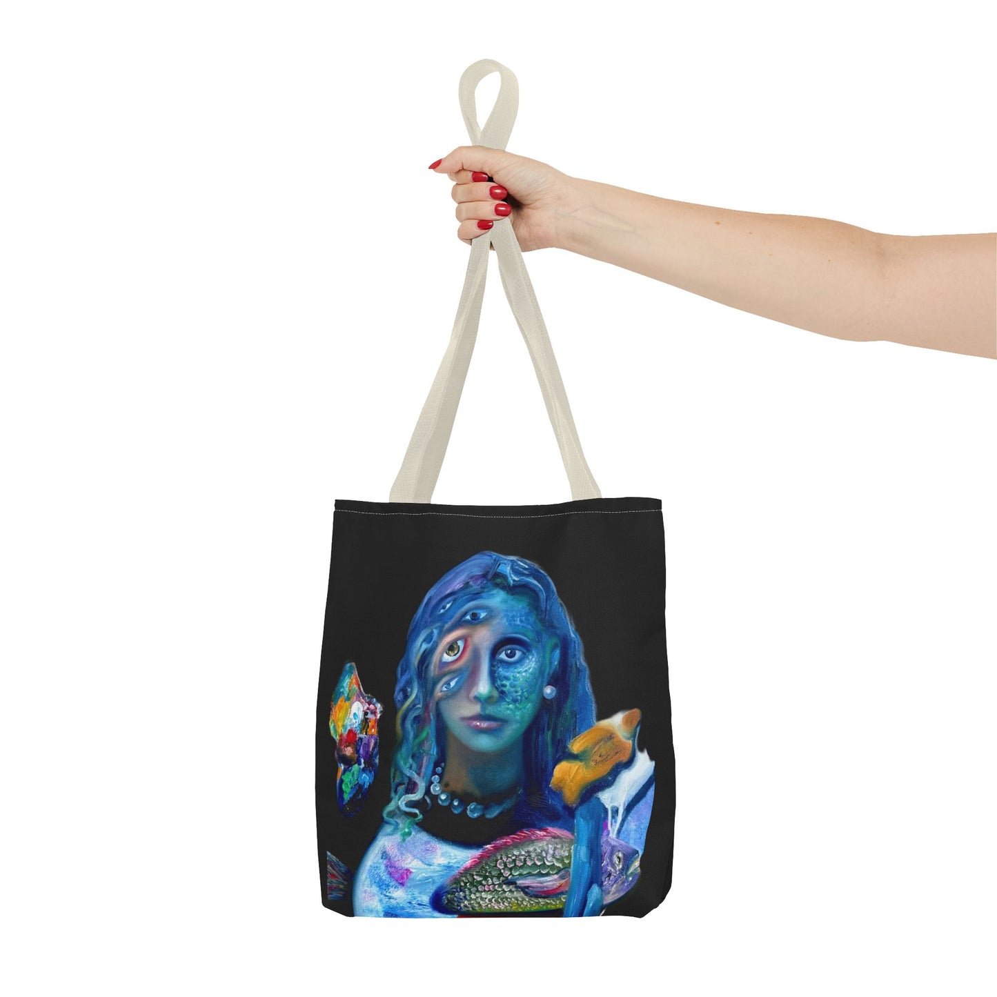 Psychedelic Mermaid Tote Bag – Surreal Three-Eyed Ocean Portrait All-Over Print