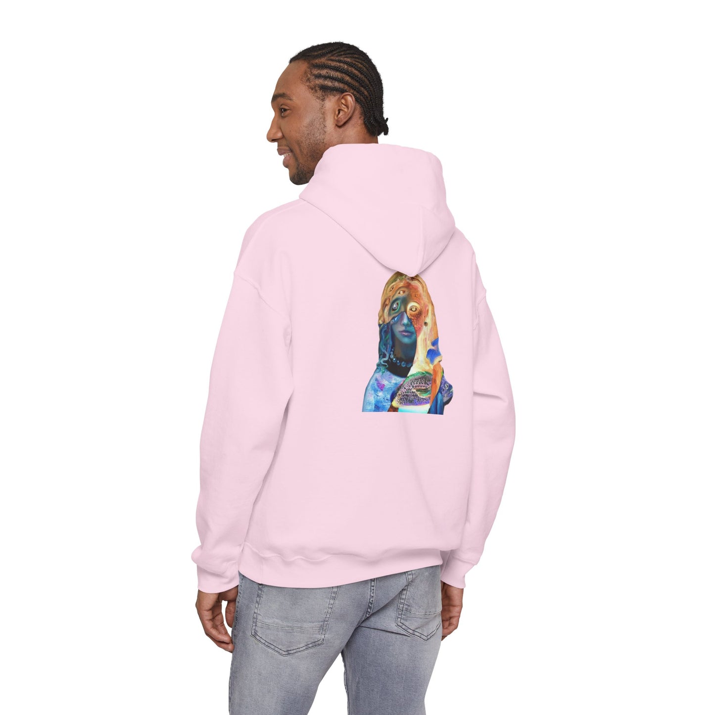 Surreal Portrait Hoodie — 'AMRU' Minimal Front, Colorful Cosmic Back Art