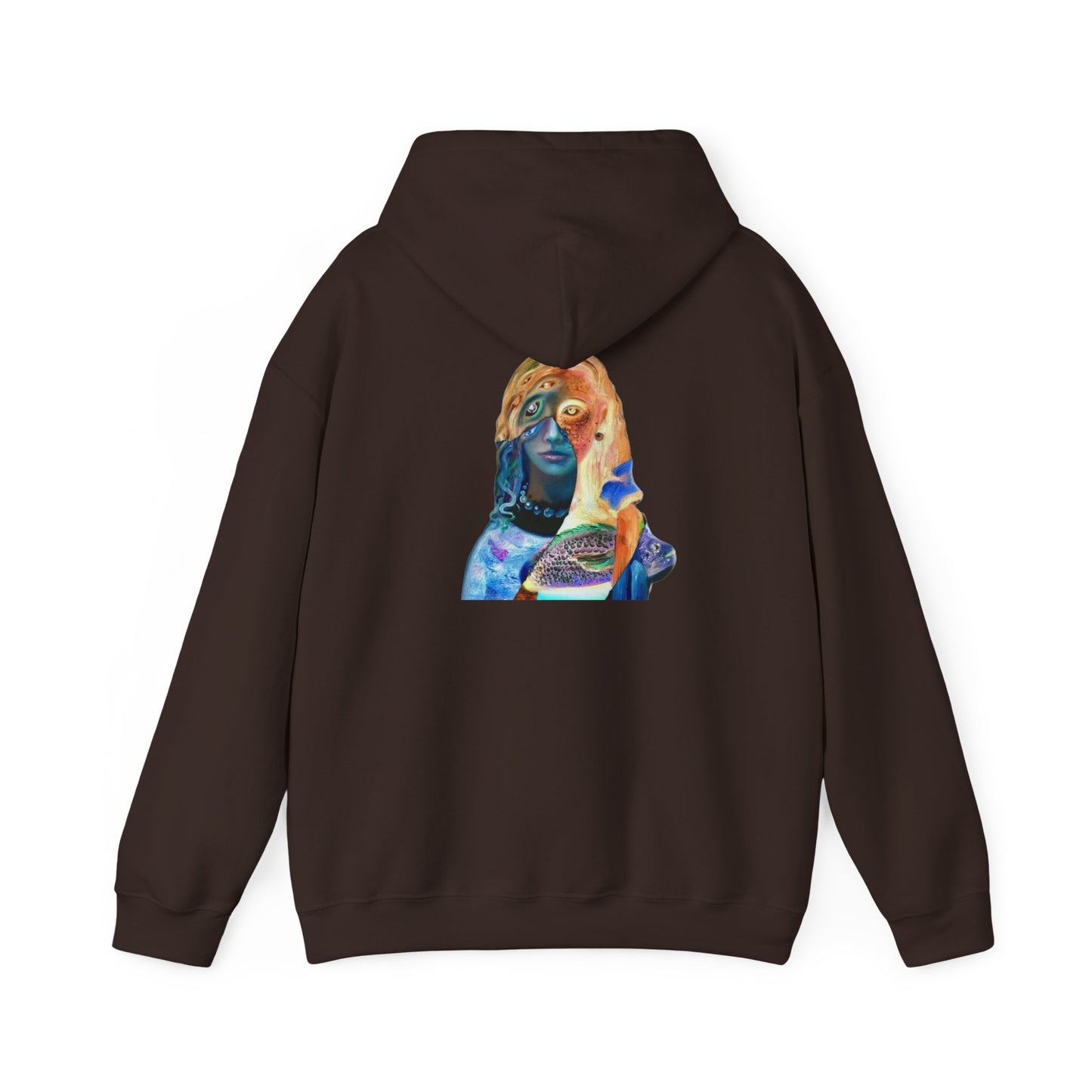 Surreal Portrait Hoodie — 'AMRU' Minimal Front, Colorful Cosmic Back Art