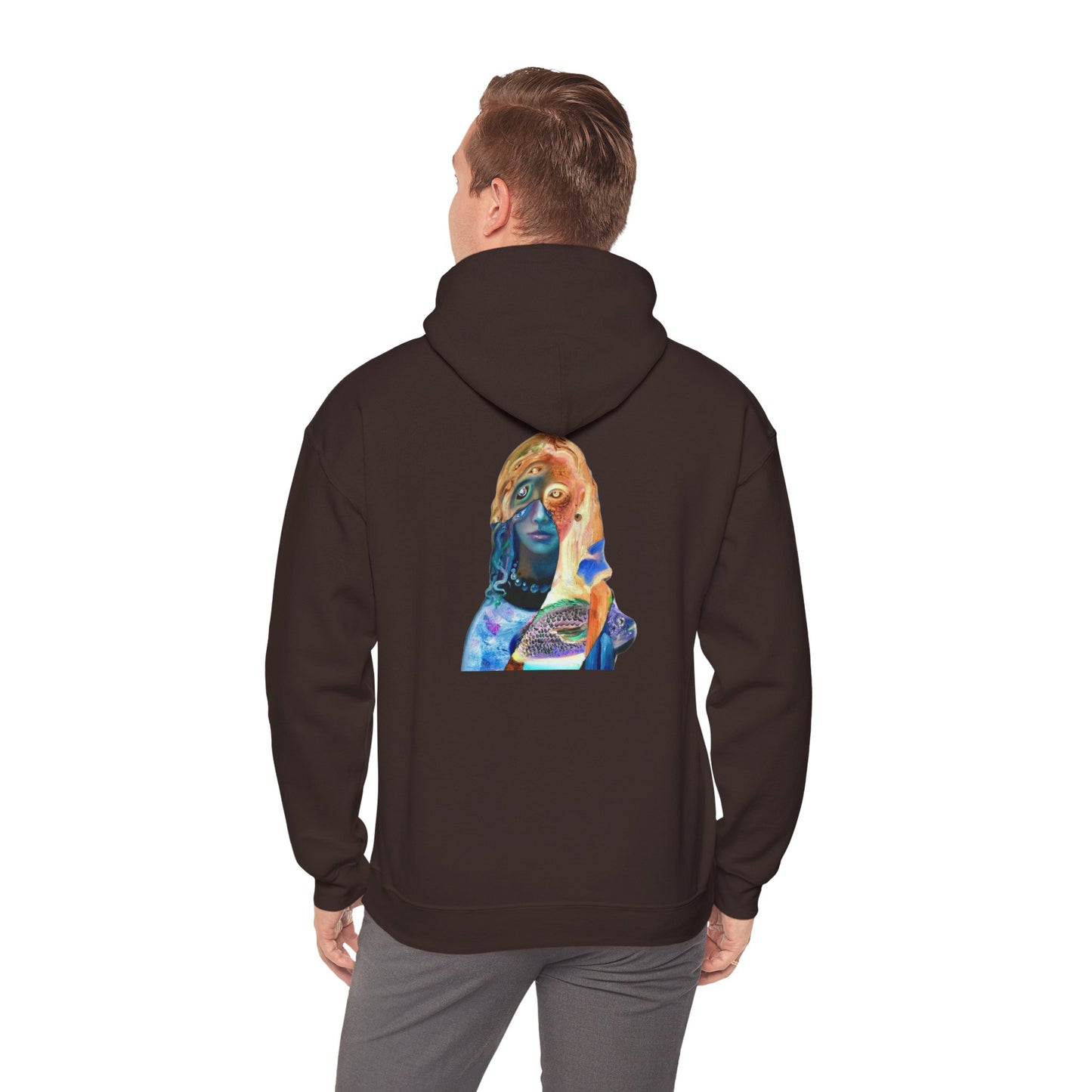 Surreal Portrait Hoodie — 'AMRU' Minimal Front, Colorful Cosmic Back Art