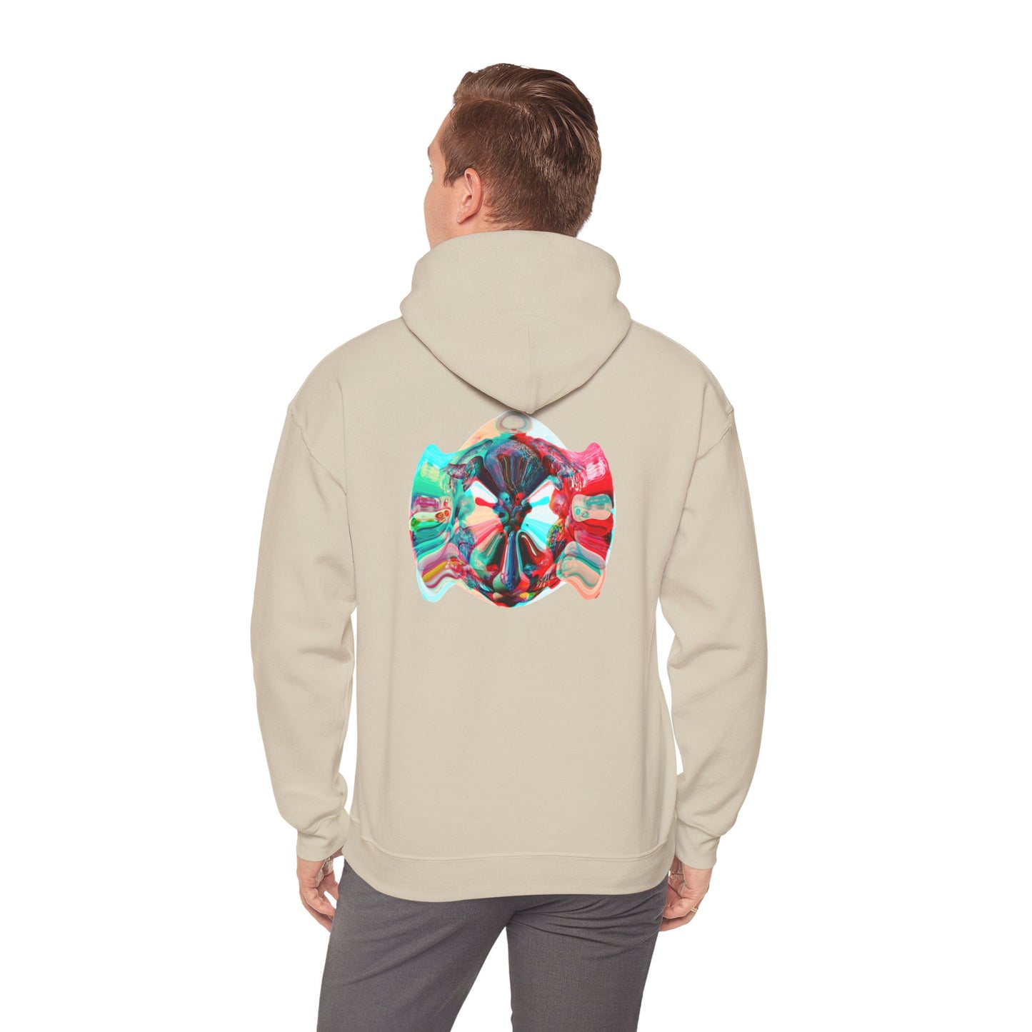 Hoodie — AMRU Minimal Front Logo & Colorful Abstract Back Art