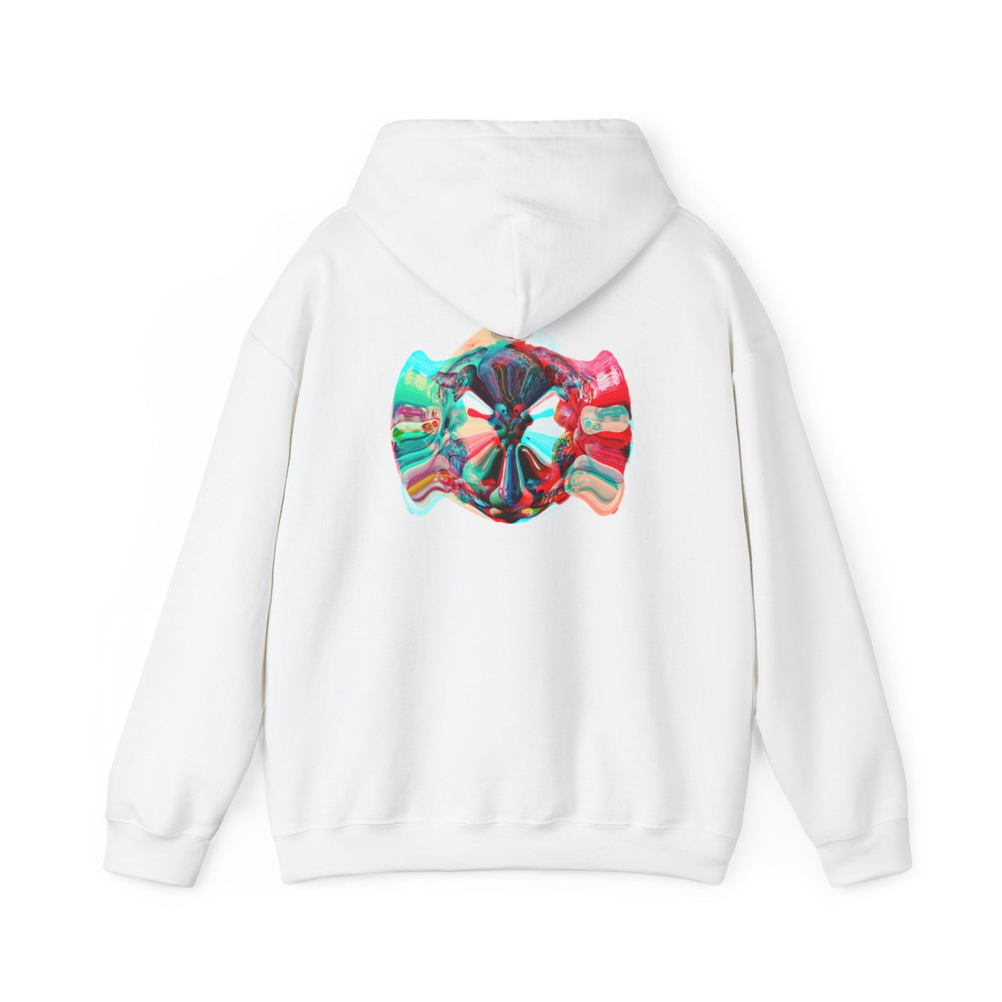 Hoodie — AMRU Minimal Front Logo & Colorful Abstract Back Art