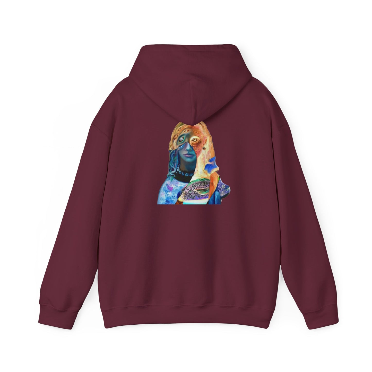 Surreal Portrait Hoodie — 'AMRU' Minimal Front, Colorful Cosmic Back Art