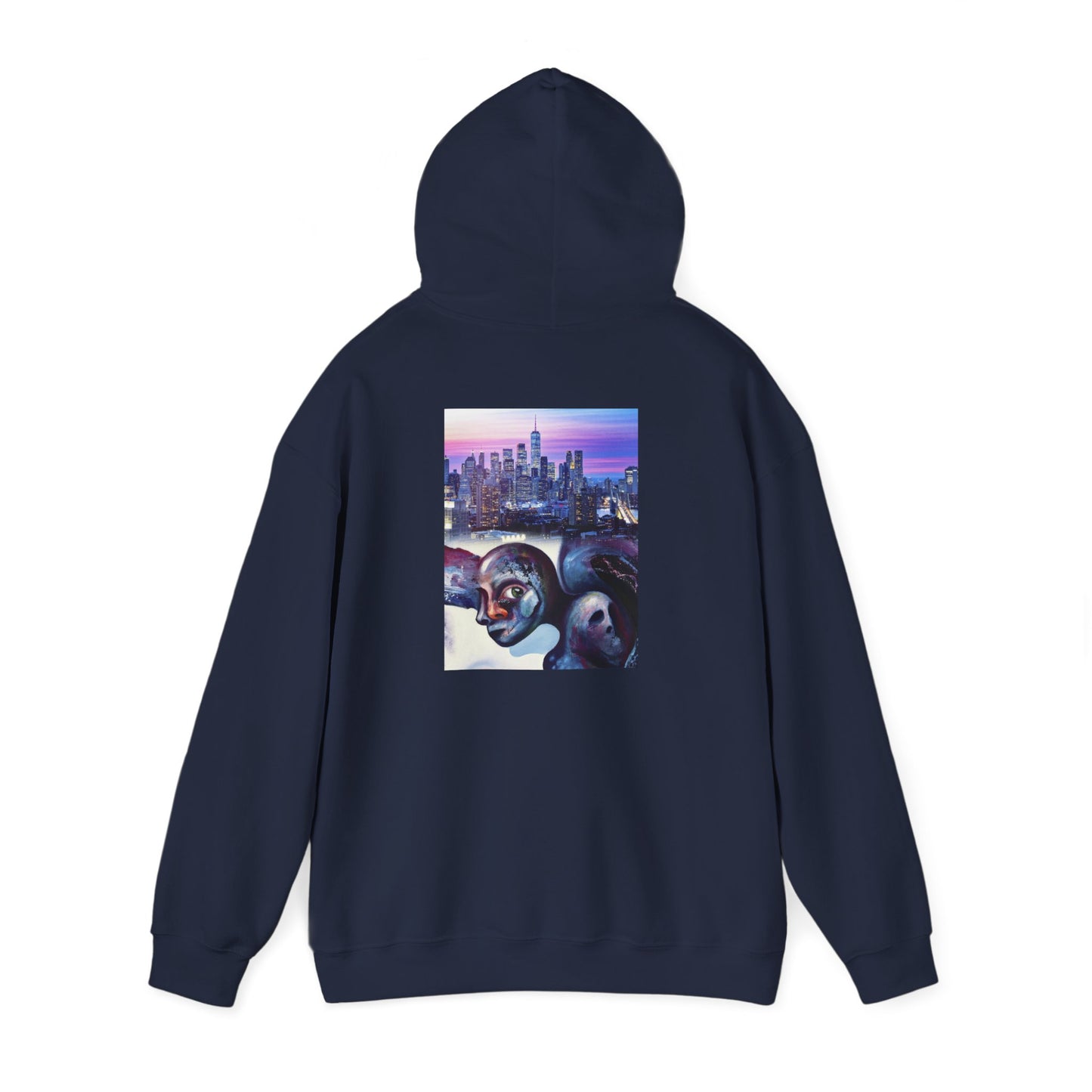 AMRU Minimal Front Logo Hoodie with Surreal Cityscape Back Graphic