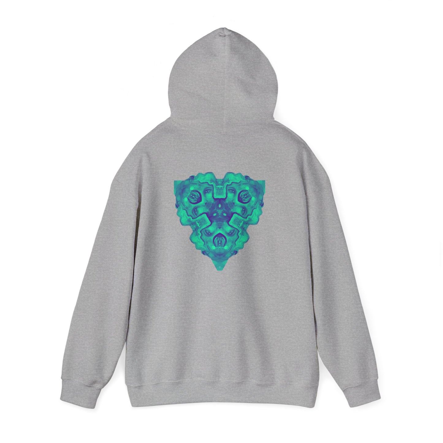 AMRU Minimal Logo Hoodie — Geometric Teal Mandala Back Graphic