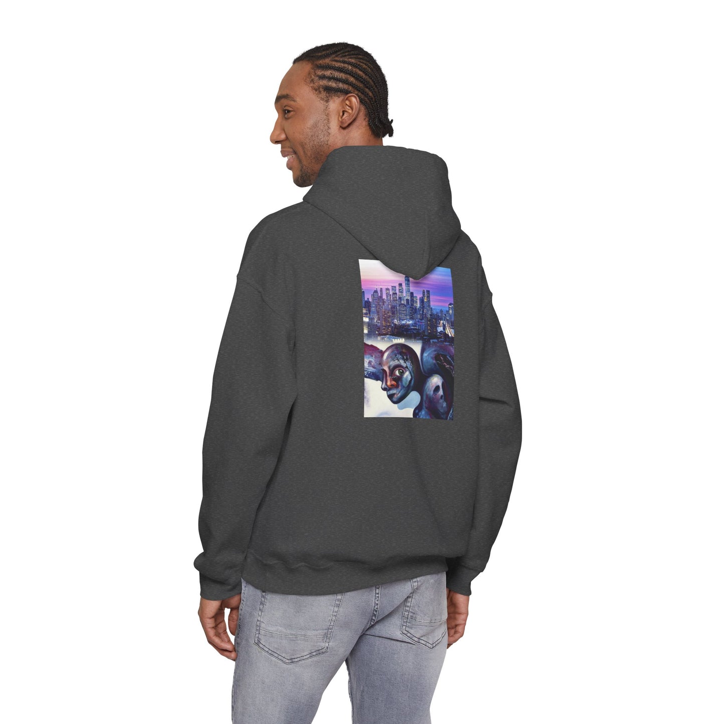 AMRU Minimal Front Logo Hoodie with Surreal Cityscape Back Graphic