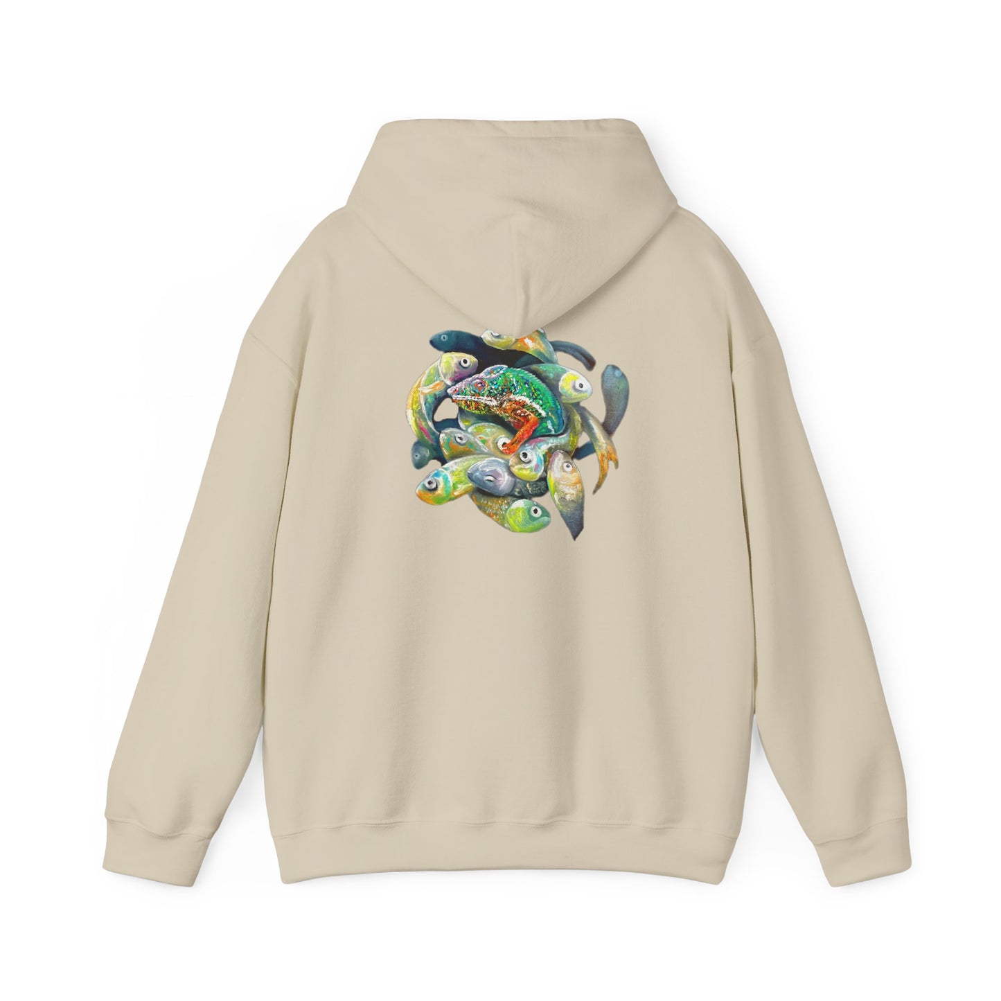 Fish Ring Hoodie – AMRU Minimal Front Logo Pullover with Colorful Koi Back Art