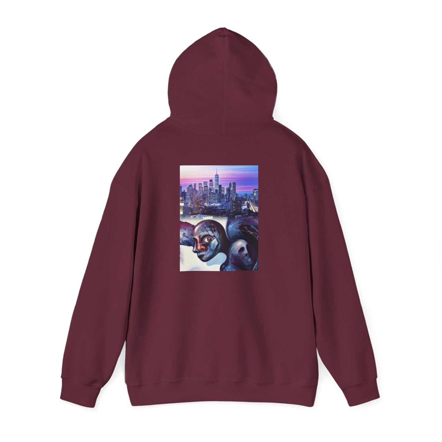 AMRU Minimal Front Logo Hoodie with Surreal Cityscape Back Graphic