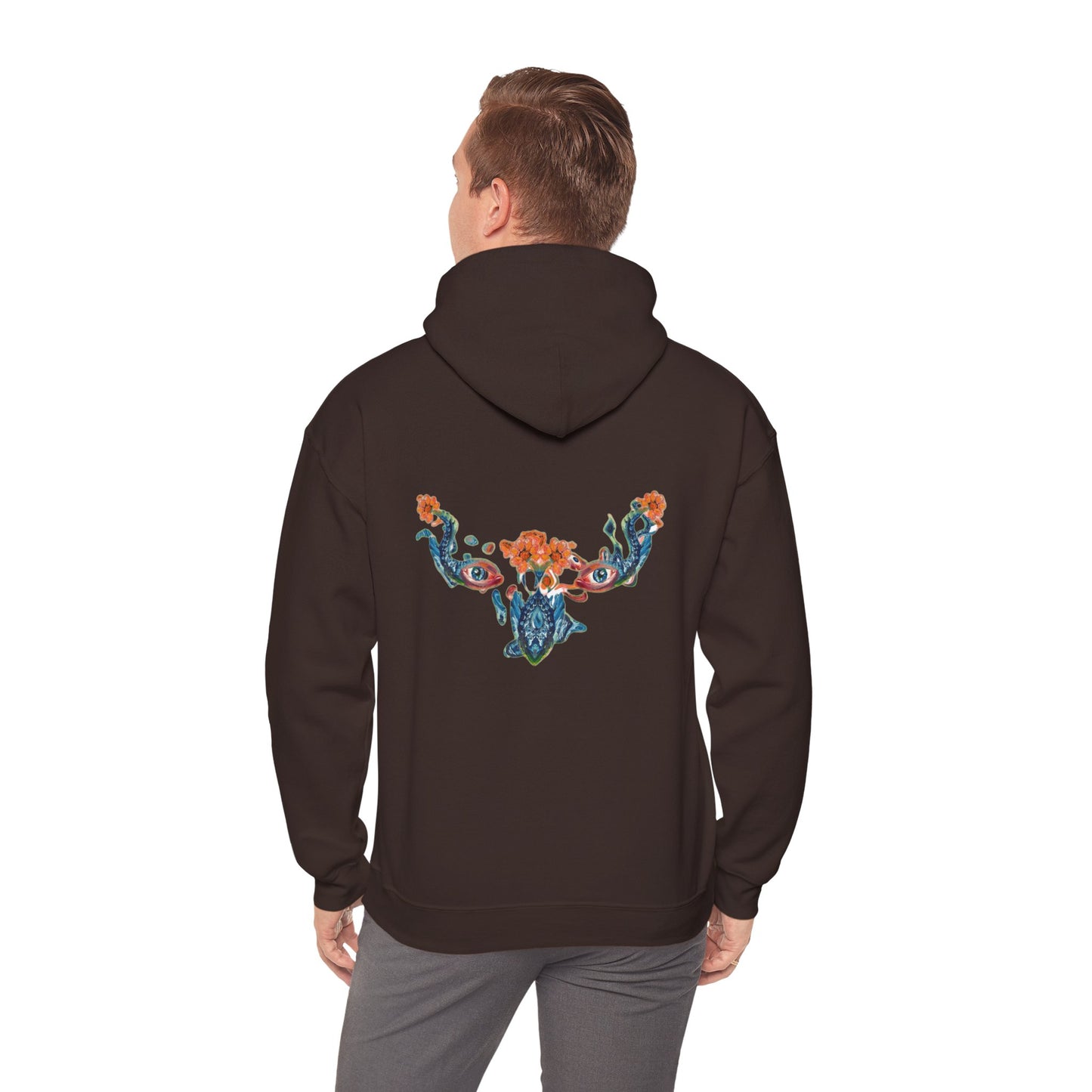 Floral Vine AMRU Hoodie — Minimal Logo Front, Embroidered Floral Back Sweatshirt