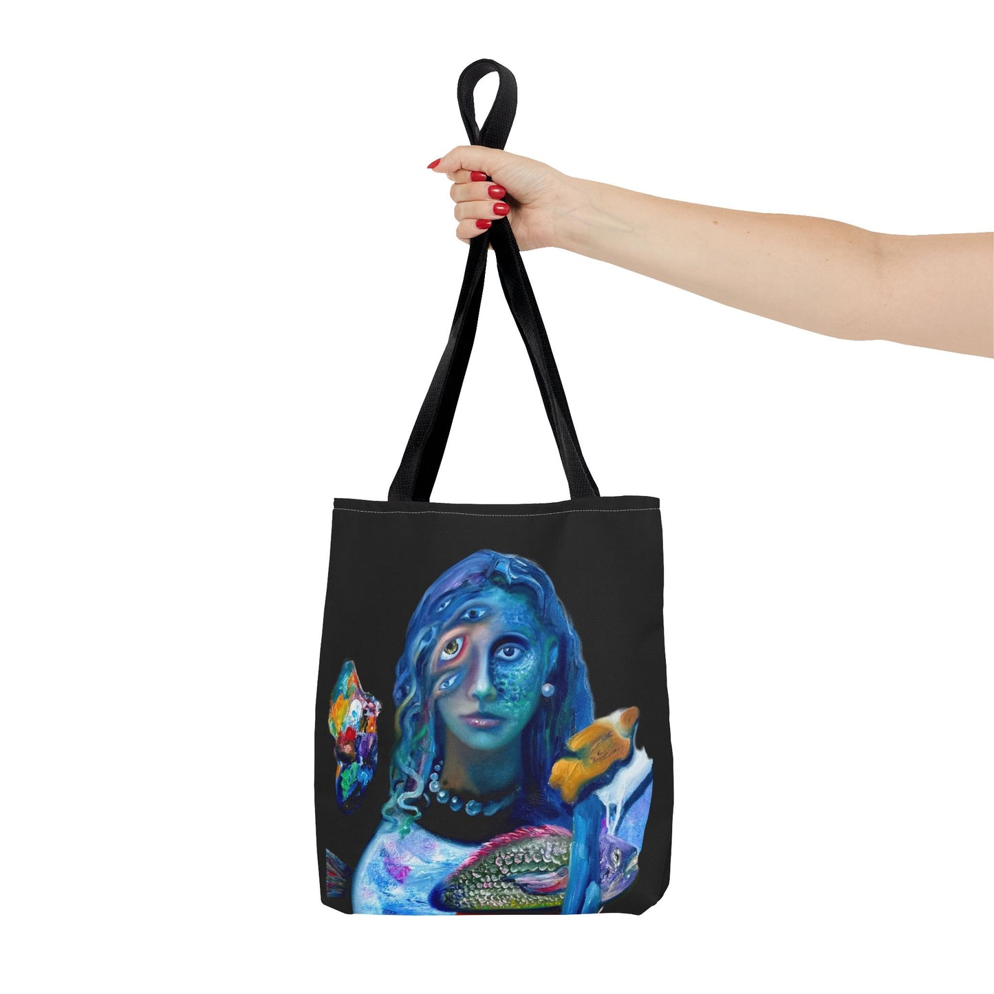 Psychedelic Mermaid Tote Bag – Surreal Three-Eyed Ocean Portrait All-Over Print