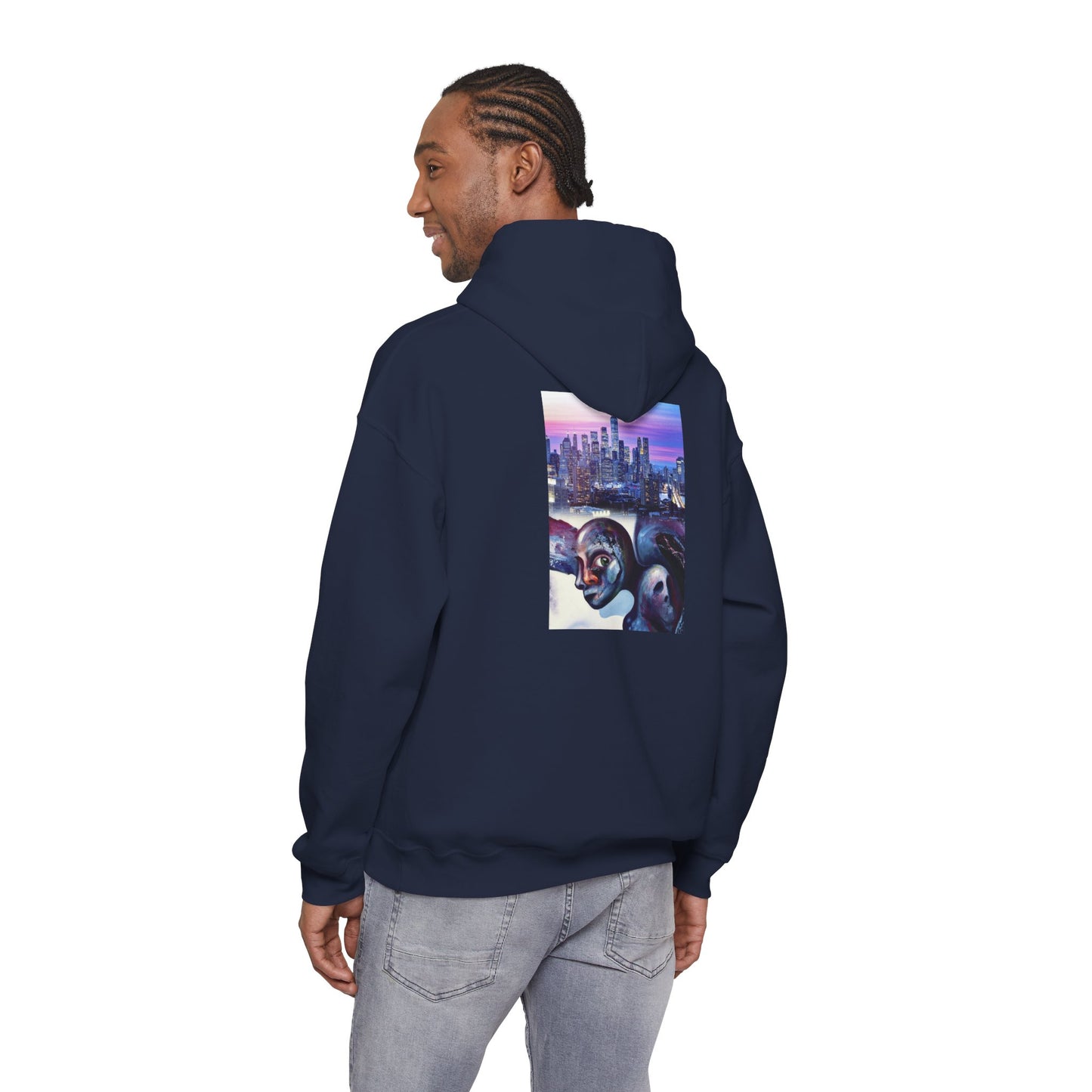 AMRU Minimal Front Logo Hoodie with Surreal Cityscape Back Graphic