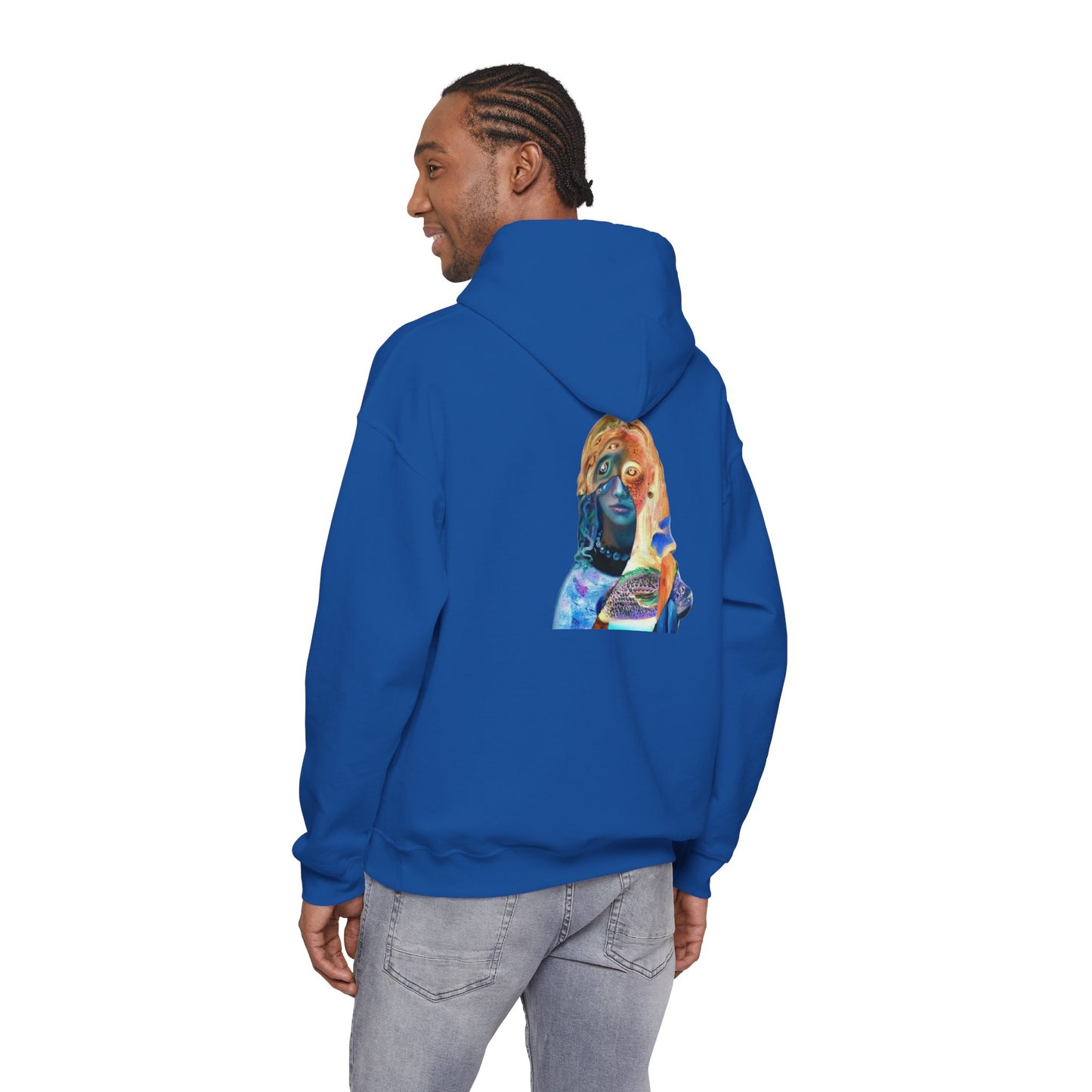 Surreal Portrait Hoodie — 'AMRU' Minimal Front, Colorful Cosmic Back Art