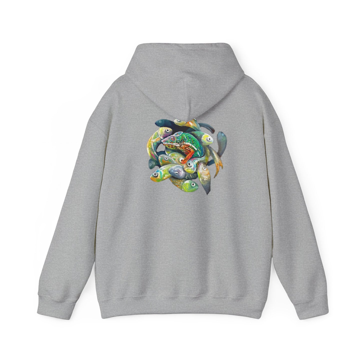Fish Ring Hoodie – AMRU Minimal Front Logo Pullover with Colorful Koi Back Art