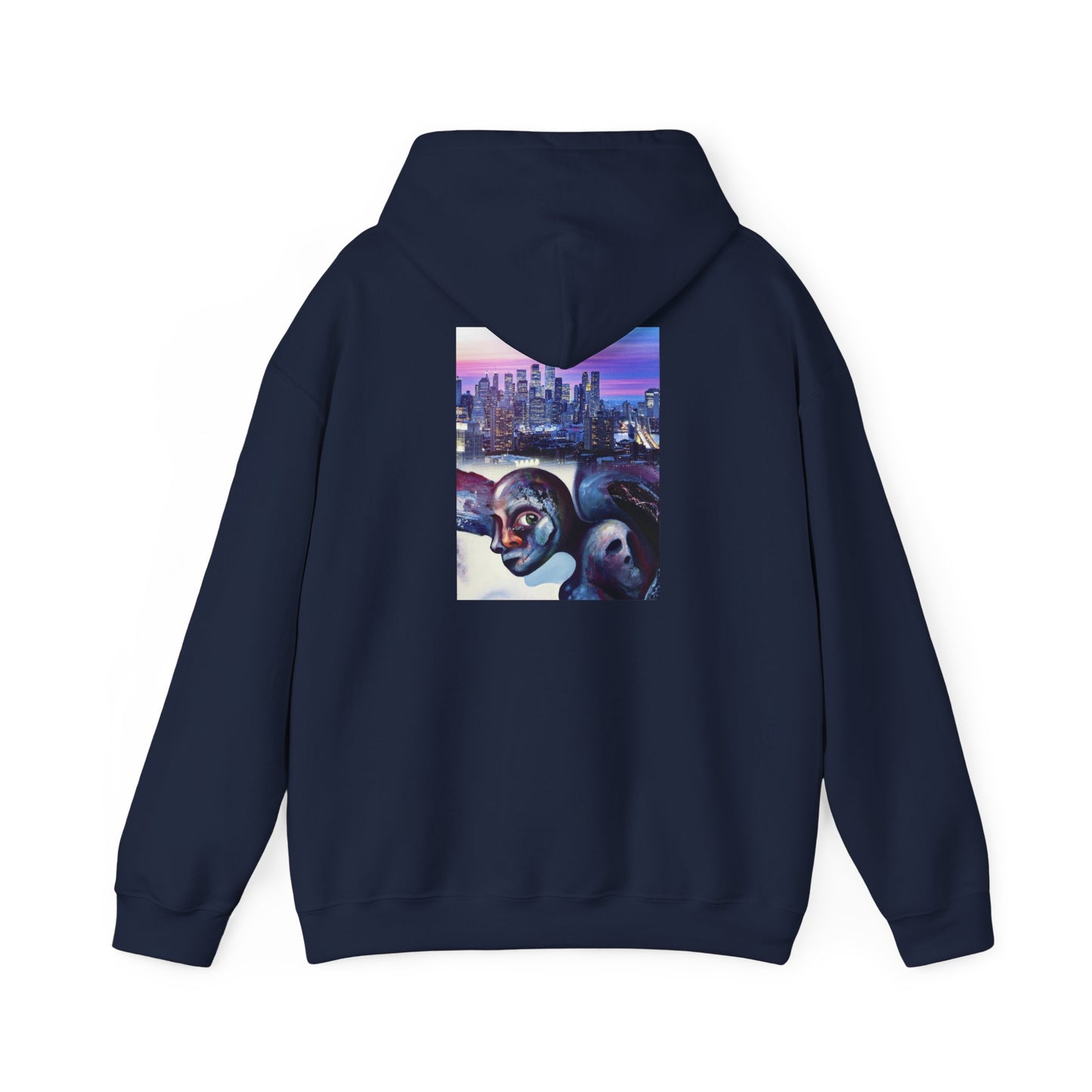 AMRU Minimal Front Logo Hoodie with Surreal Cityscape Back Graphic
