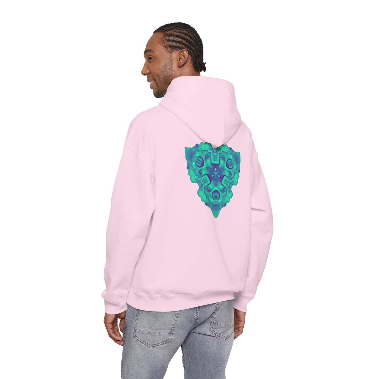AMRU Minimal Logo Hoodie — Geometric Teal Mandala Back Graphic