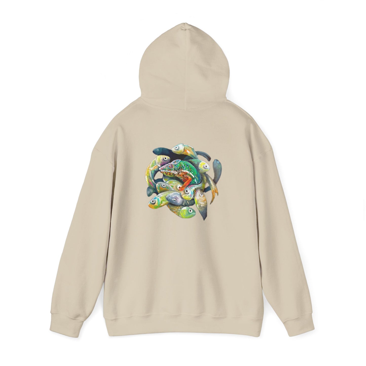 Fish Ring Hoodie – AMRU Minimal Front Logo Pullover with Colorful Koi Back Art