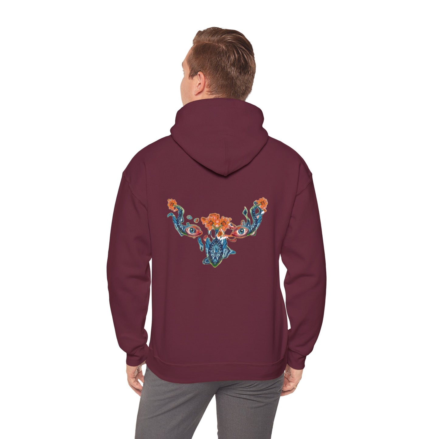 Floral Vine AMRU Hoodie — Minimal Logo Front, Embroidered Floral Back Sweatshirt