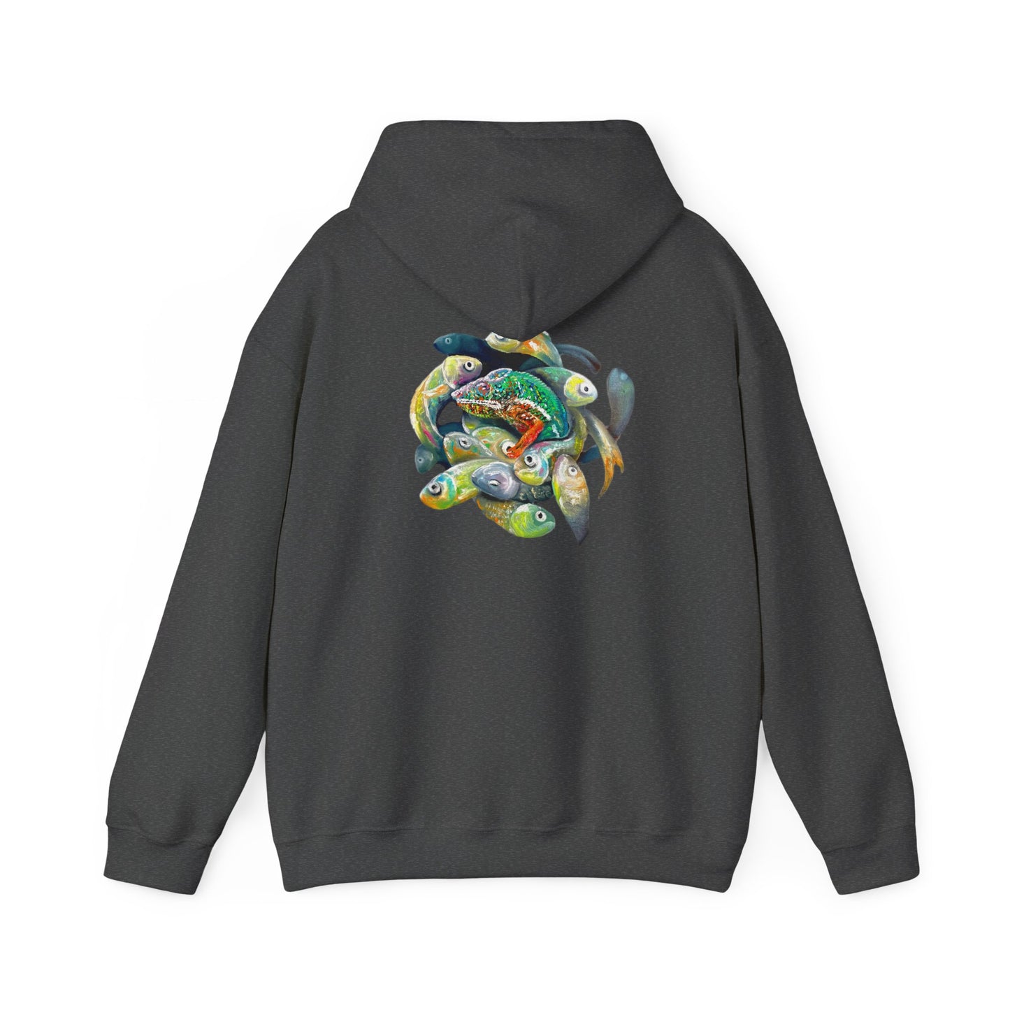 Fish Ring Hoodie – AMRU Minimal Front Logo Pullover with Colorful Koi Back Art
