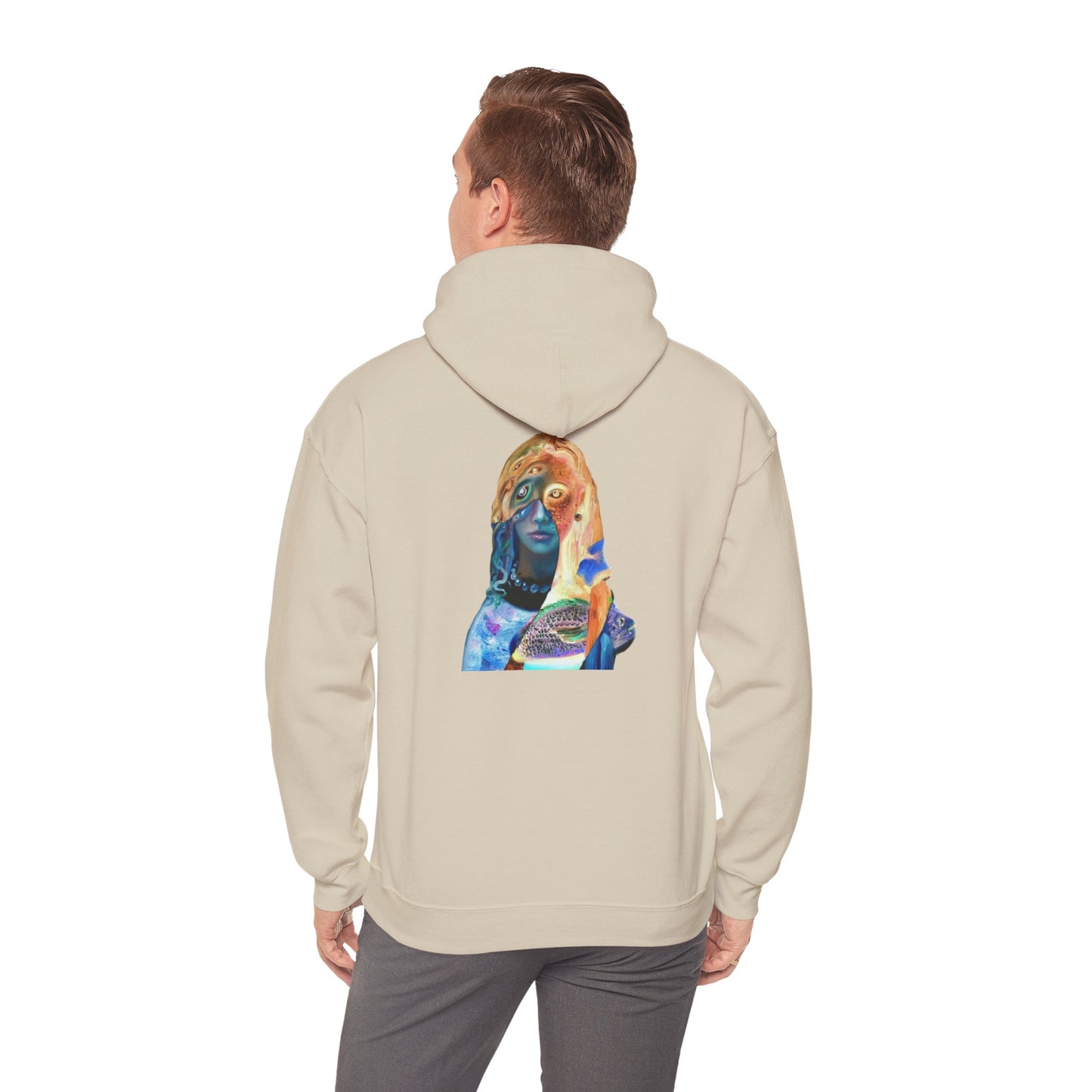 Surreal Portrait Hoodie — 'AMRU' Minimal Front, Colorful Cosmic Back Art