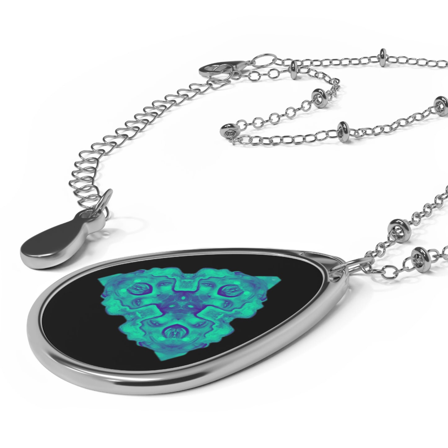 Teal Geo Mandala Oval Necklace — Silver Pendant Jewelry