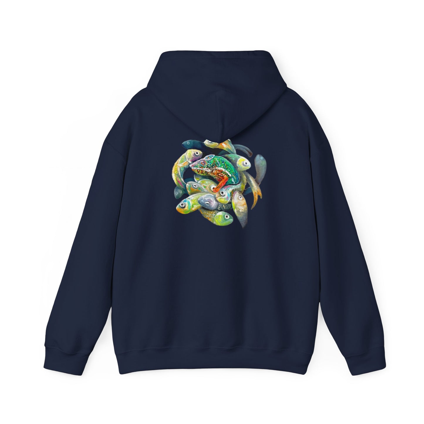 Fish Ring Hoodie – AMRU Minimal Front Logo Pullover with Colorful Koi Back Art