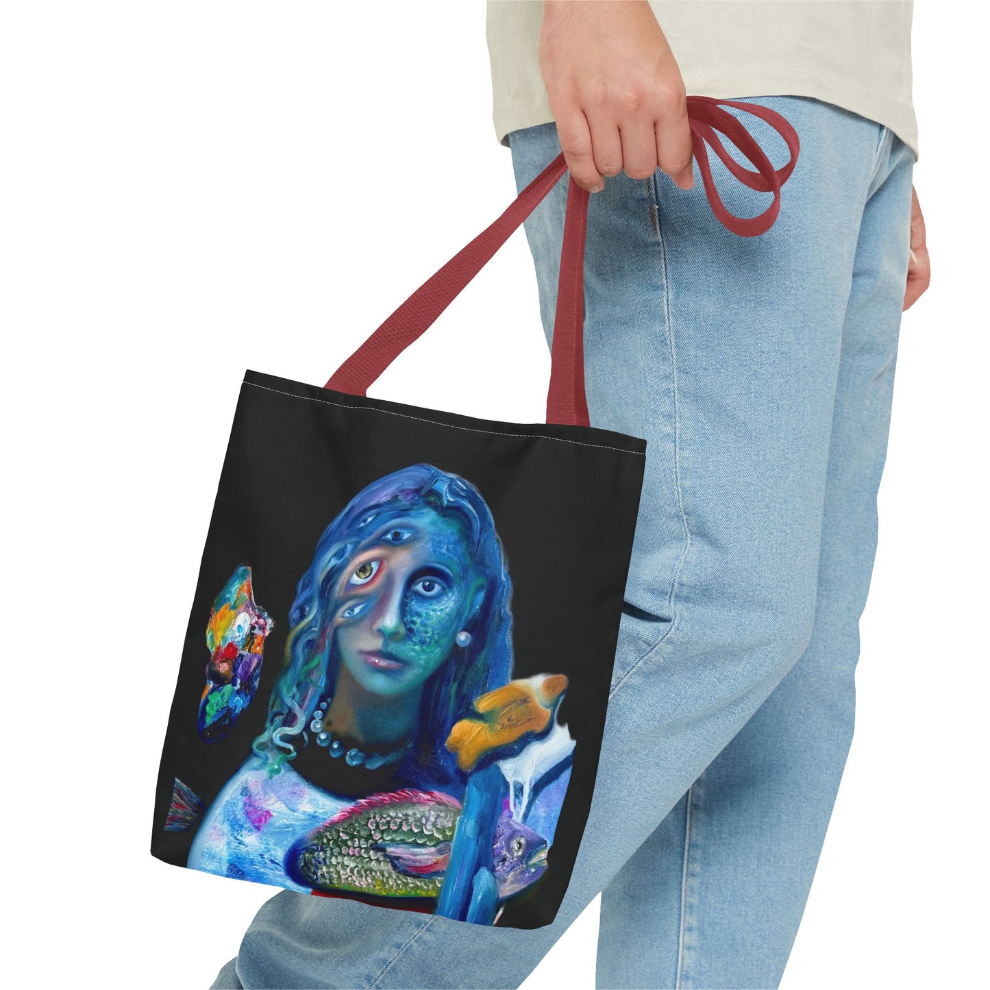 Psychedelic Mermaid Tote Bag – Surreal Three-Eyed Ocean Portrait All-Over Print