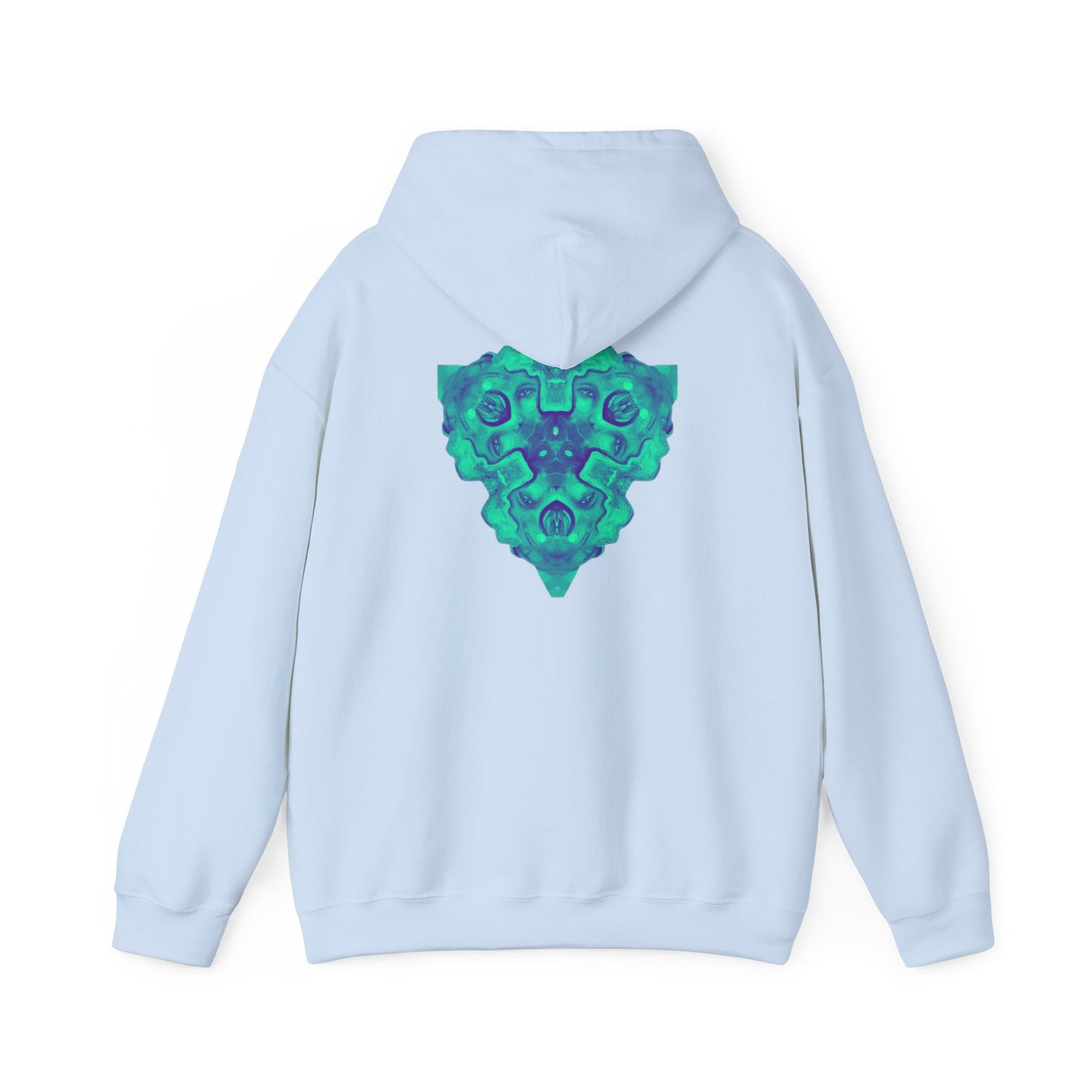 AMRU Minimal Logo Hoodie — Geometric Teal Mandala Back Graphic