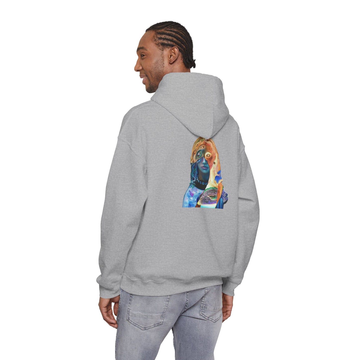 Surreal Portrait Hoodie — 'AMRU' Minimal Front, Colorful Cosmic Back Art