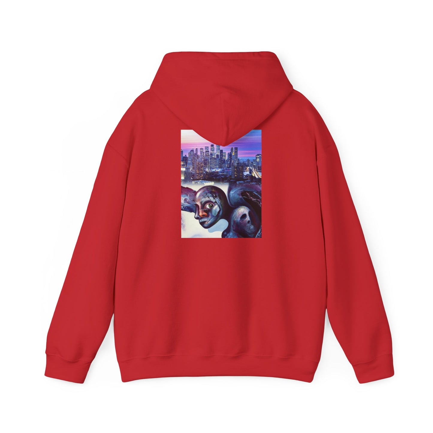 AMRU Minimal Front Logo Hoodie with Surreal Cityscape Back Graphic