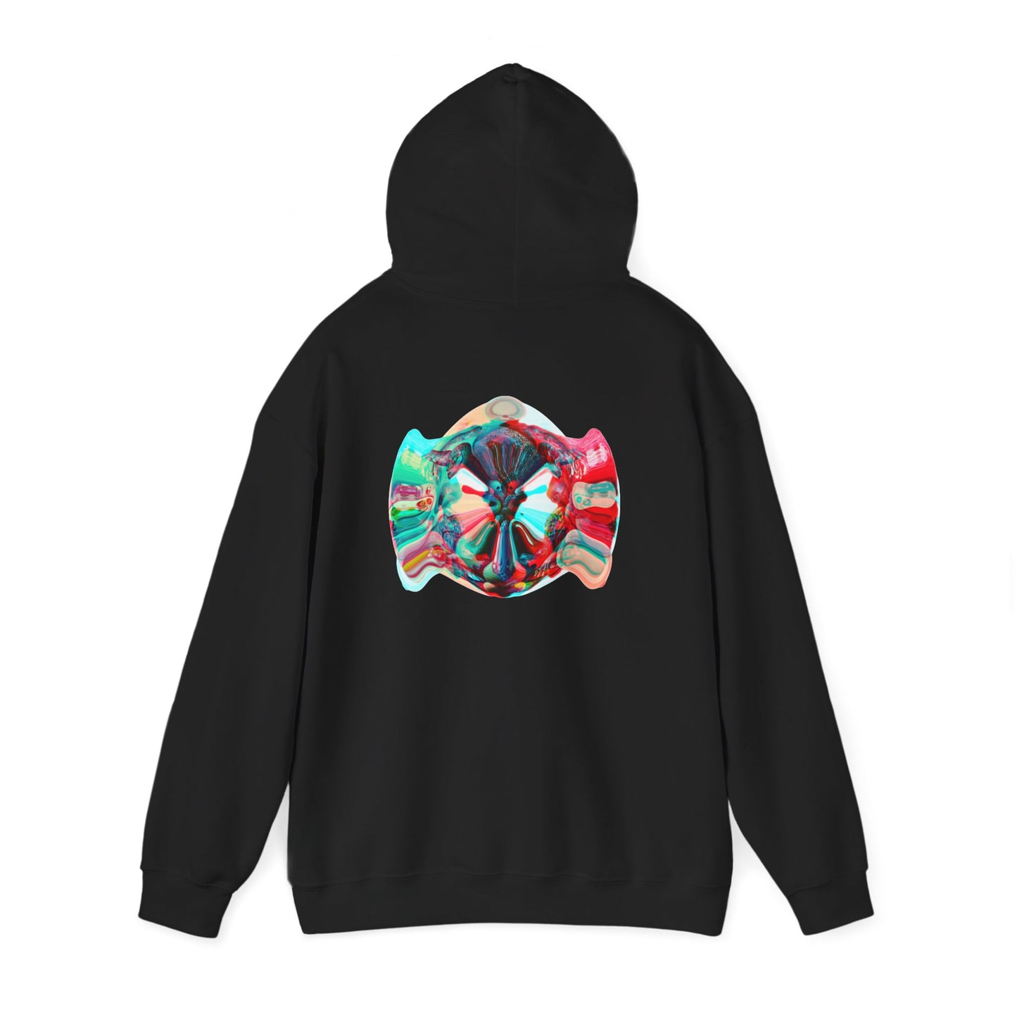 Hoodie — AMRU Minimal Front Logo & Colorful Abstract Back Art