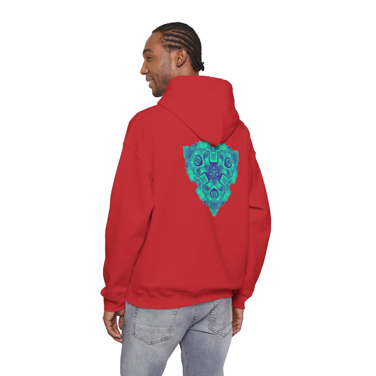 AMRU Minimal Logo Hoodie — Geometric Teal Mandala Back Graphic